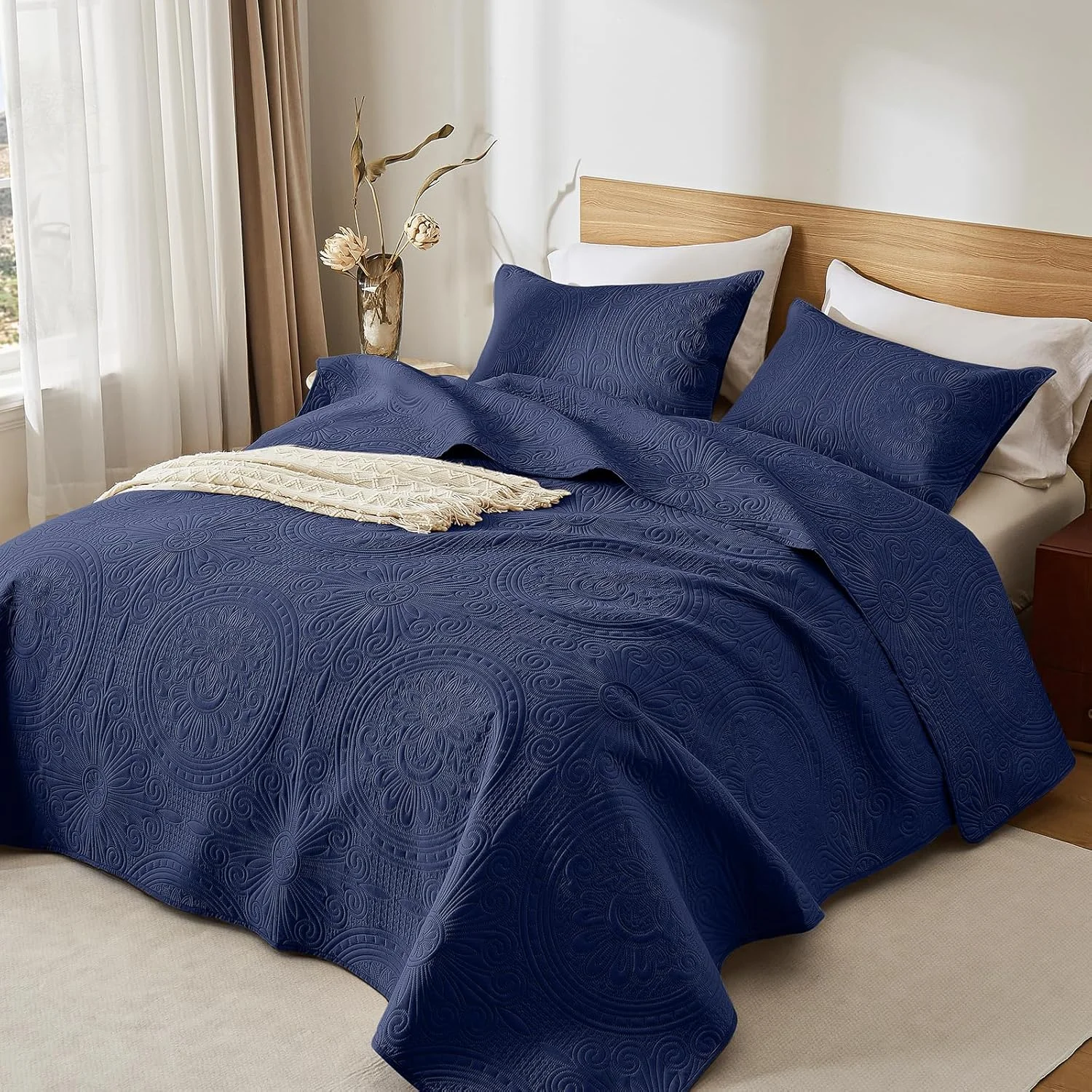 ست لحاف دونفره/کویین WURUIBO آبی سرمه ای، روتختی برجسته التراسونیک، رو تختی میکروفایبر سبک وزن، ست روتختی مدرن و نازک برای تمام فصول، 3 تکه (1 لحاف، 2 روبالشتی)
