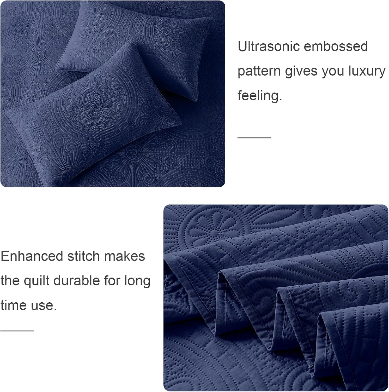 ست لحاف دونفره/کویین WURUIBO آبی سرمه ای، روتختی برجسته التراسونیک، رو تختی میکروفایبر سبک وزن، ست روتختی مدرن و نازک برای تمام فصول، 3 تکه (1 لحاف، 2 روبالشتی)