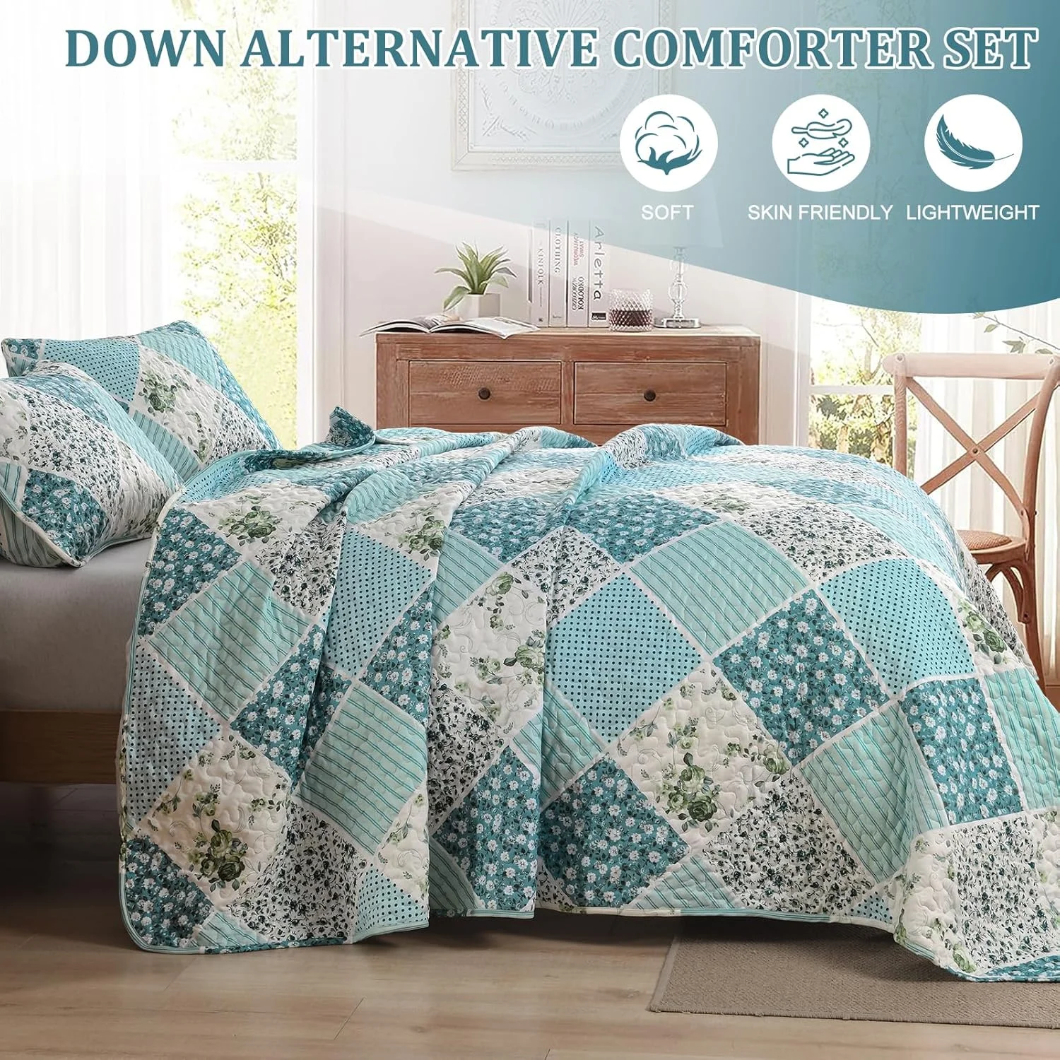 ست لحاف تکه دوزی طرح گلدار و چهارخانه Xruibed سایز کوئین 3 تکه آبی فیروزه ای، ست روتختی لحاف دار دو رو، ست ملحفه میکروفیبر، ست روتختی لحاف دار مناسب تمام فصول (کوئین 244x229 سانتی متر) ست لحاف تکه دوزی طرح گلدار و چهارخانه Xruibed سایز کوئین 3 تکه آبی فیروزه ای، ست روتختی لحاف دار دو رو، ست ملحفه میکروفیبر، ست روتختی لحاف دار مناسب تمام فصول (کوئین 244x229 سانتی متر)