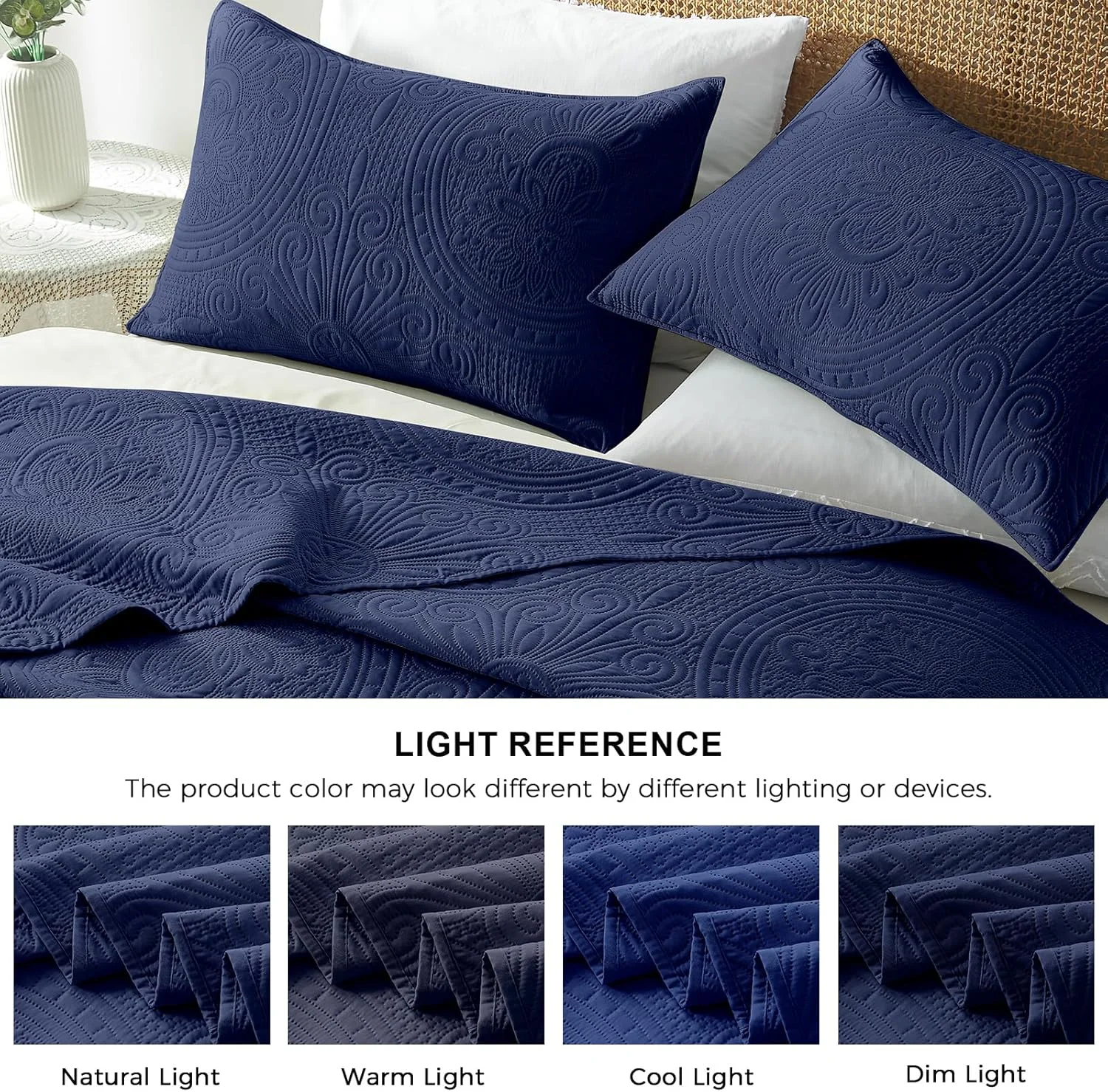 ست لحاف دونفره/کویین WURUIBO آبی سرمه ای، روتختی برجسته التراسونیک، رو تختی میکروفایبر سبک وزن، ست روتختی مدرن و نازک برای تمام فصول، 3 تکه (1 لحاف، 2 روبالشتی)