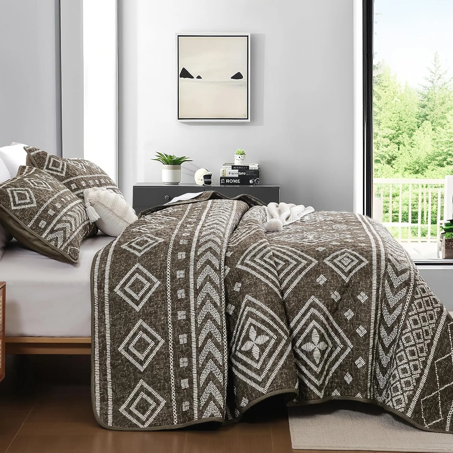 ست لحاف طرح بوهو قهوه ای Yiran سایز کوئین، ست روتختی راه راه، ست رو تختی سبک وزن طرح آزتک بوهمی با 2 روبالشتی برای تخت 244x229 سانتی متر