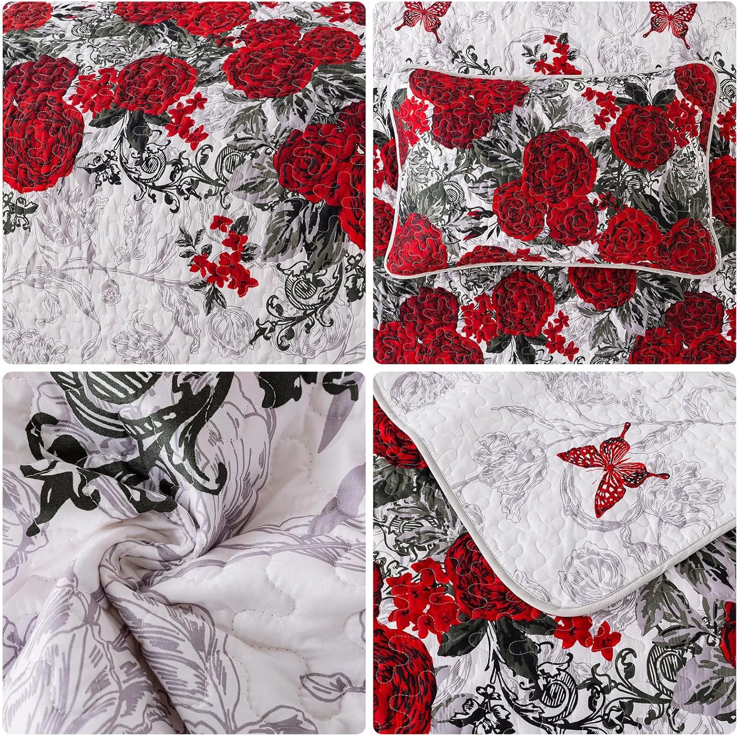 ست لحاف گلدار قرمز Yiran با 2 روبالشتی، لحاف روتختی طرح پروانه ای مناسب تمام فصول، سبک وزن، روکش 100% میکروفایبر، سایز کوئین 228x243 سانتی متر