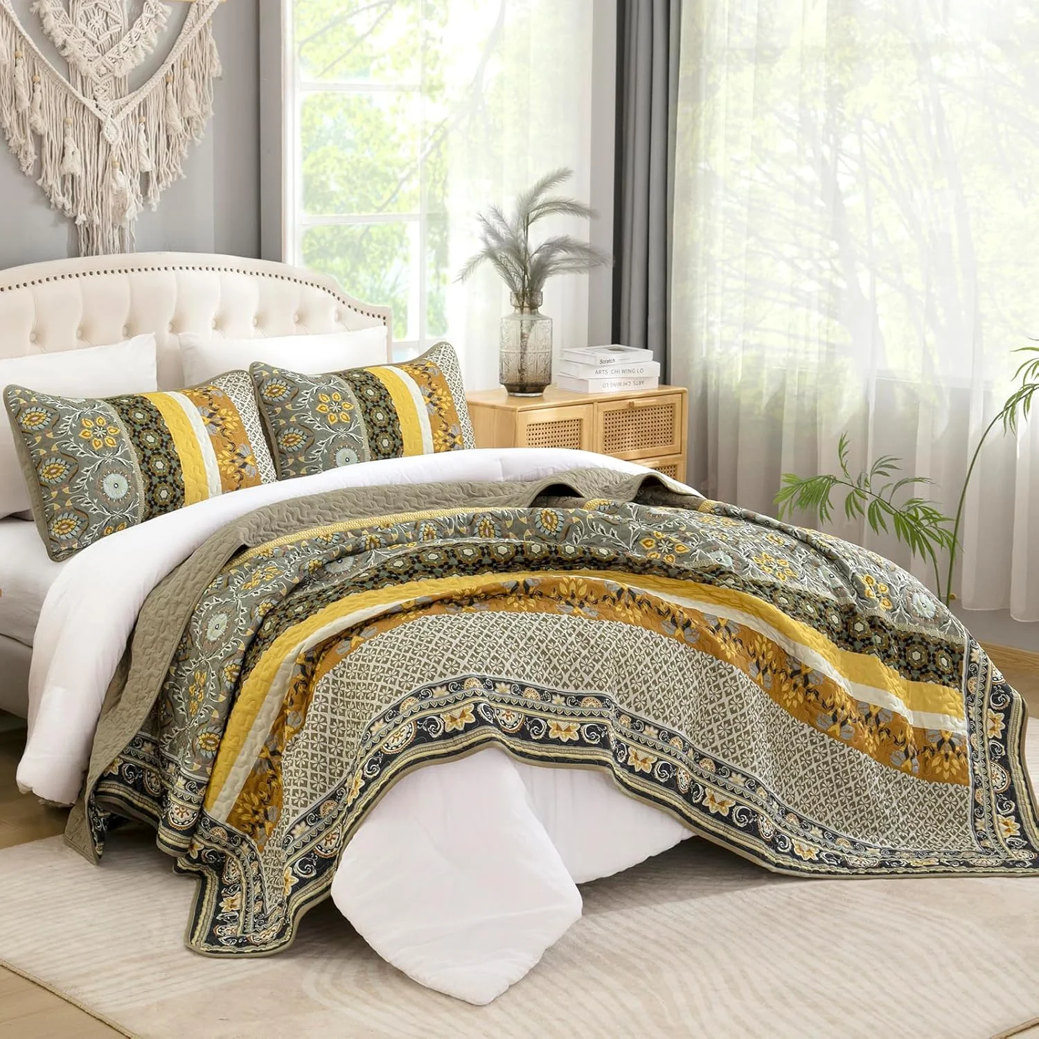 روتختی طرحدار ییران، سایز کوئین، رنگ طوسی زرد، ست روتختی سبک بوهو مناسب فصل پاییز، ست روتختی سبک بوهمی سبک وزن به همراه 2 روبالشتی، سایز 244x229 سانتیمتر روتختی طرحدار ییران، سایز کوئین، رنگ طوسی زرد، ست روتختی سبک بوهو مناسب فصل پاییز، ست روتختی سبک بوهمی سبک وزن به همراه 2 روبالشتی، سایز 244x229 سانتیمتر