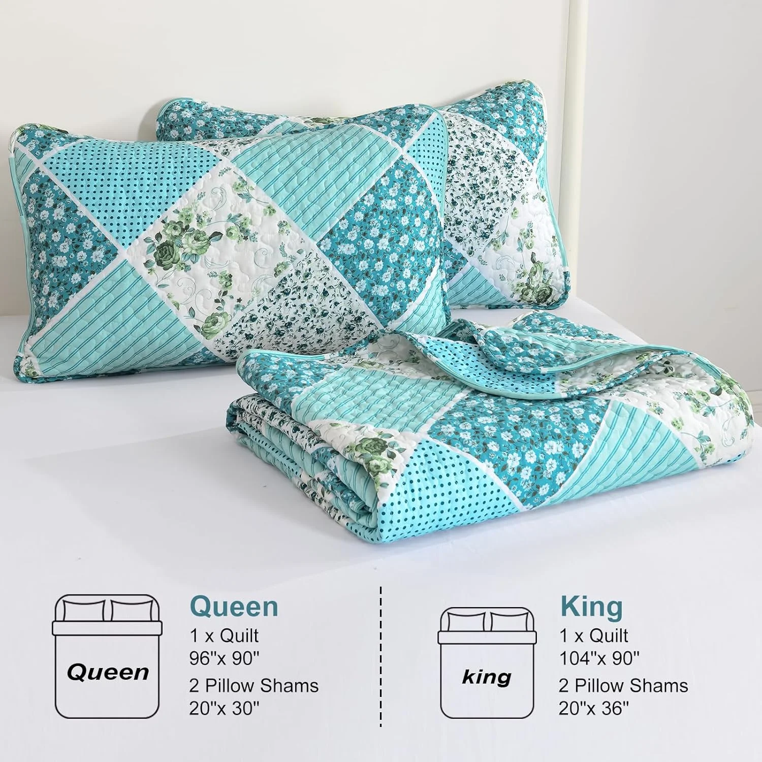 ست لحاف تکه دوزی طرح گلدار و چهارخانه Xruibed سایز کوئین 3 تکه آبی فیروزه ای، ست روتختی لحاف دار دو رو، ست ملحفه میکروفیبر، ست روتختی لحاف دار مناسب تمام فصول (کوئین 244x229 سانتی متر) ست لحاف تکه دوزی طرح گلدار و چهارخانه Xruibed سایز کوئین 3 تکه آبی فیروزه ای، ست روتختی لحاف دار دو رو، ست ملحفه میکروفیبر، ست روتختی لحاف دار مناسب تمام فصول (کوئین 244x229 سانتی متر)