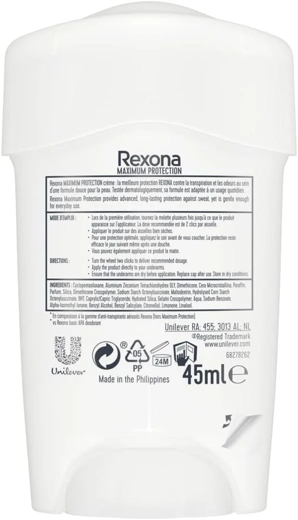 کرم دئودورانت محافظت حداکثری مردانه رکسونا با رایحه تمیز، ضد تعریق با محافظت سه گانه در برابر استرس، گرما و تحرک 45 میلی لیتر