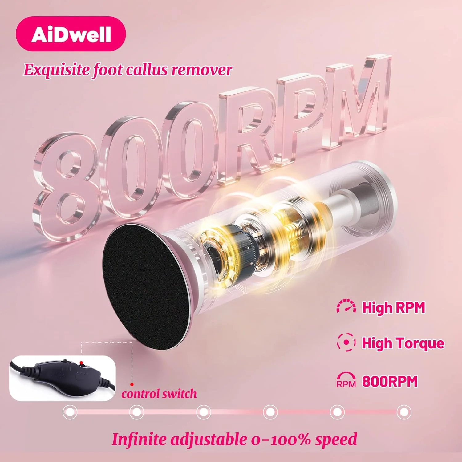 سوهان برقی پدیکور پا AiDwell به همراه 80 عدد دیسک سمباده، آلومینیومی حرفه ای 800 دور در دقیقه، ابزار پدیکور از بین برنده پینه و پوست مرده پا، دارای کنترل سرعت متغیر