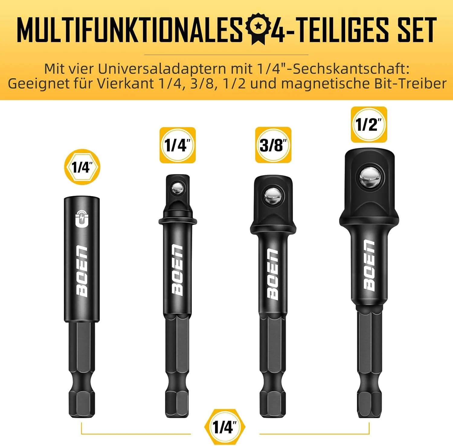 آداپتور آچار ضربه ای و نگهدارنده مگنتیک سری پیچ گوشتی | بسته 4 عددی تبدیل 1/4 اینچ شش گوش به درایو 1/4 اینچ، 3/8 اینچ و 1/2 اینچ