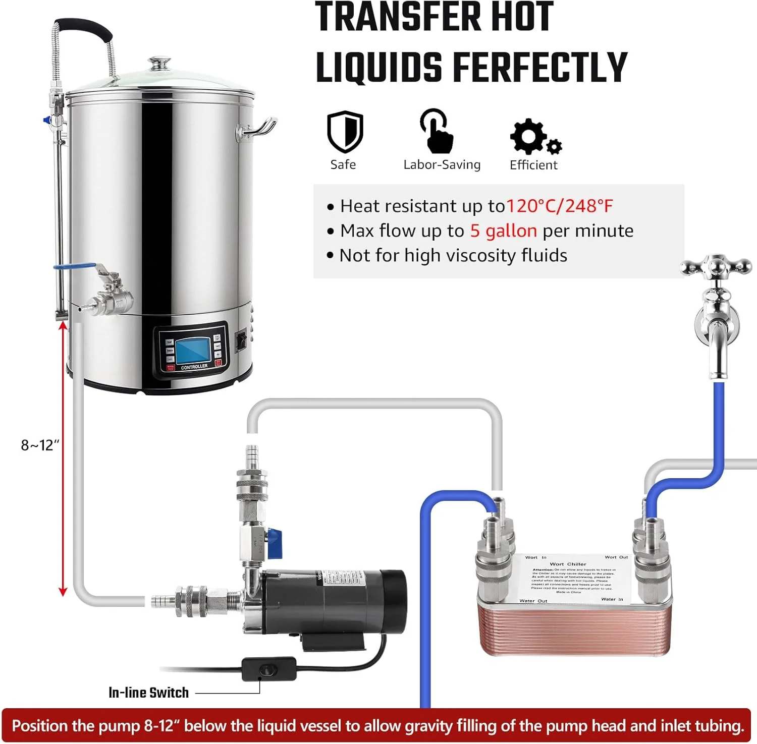 پمپ ورت Hilangsan، پمپ دم کردن با دمای بالا، پمپ مواد غذایی، هد استیل ضد زنگ، پمپ دم کردن خانگی، پمپ درایو مغناطیسی، پمپ انتقال ورت با سوئیچ خطی، مینی شیر، اتصالات سریع (خاکستری)