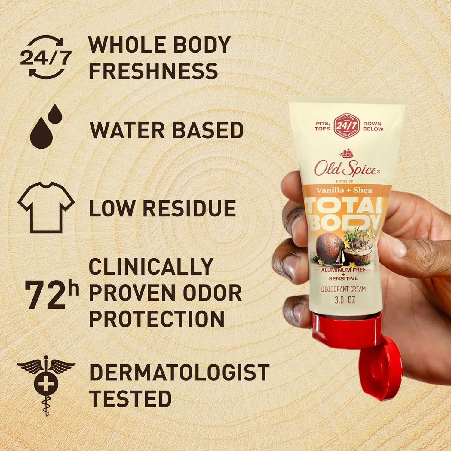 دئودورانت بدن مردانه اولد اسپایس، توتال، وانیل + شی، کرم بدون آلومینیوم، طراوت 24 ساعته در 7 روز هفته // تست شده توسط متخصص پوست 85 گرم