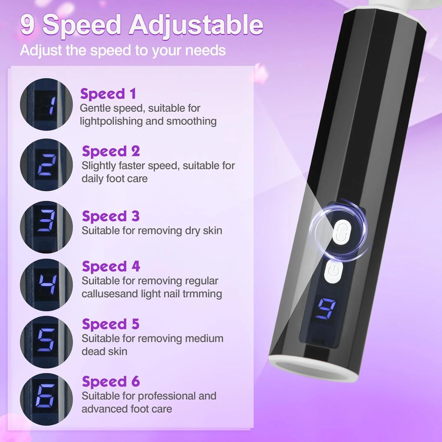 سوهان برقی پا، تنظیم سرعت و کنترل جهت چرخش، ابزار پدیکور پا با 20 عدد کاغذ سنباده تعویضی و 10 عدد سنباده استوانه ای سوهان برقی پا، تنظیم سرعت و کنترل جهت چرخش، ابزار پدیکور پا با 20 عدد کاغذ سنباده تعویضی و 10 عدد سنباده استوانه ای