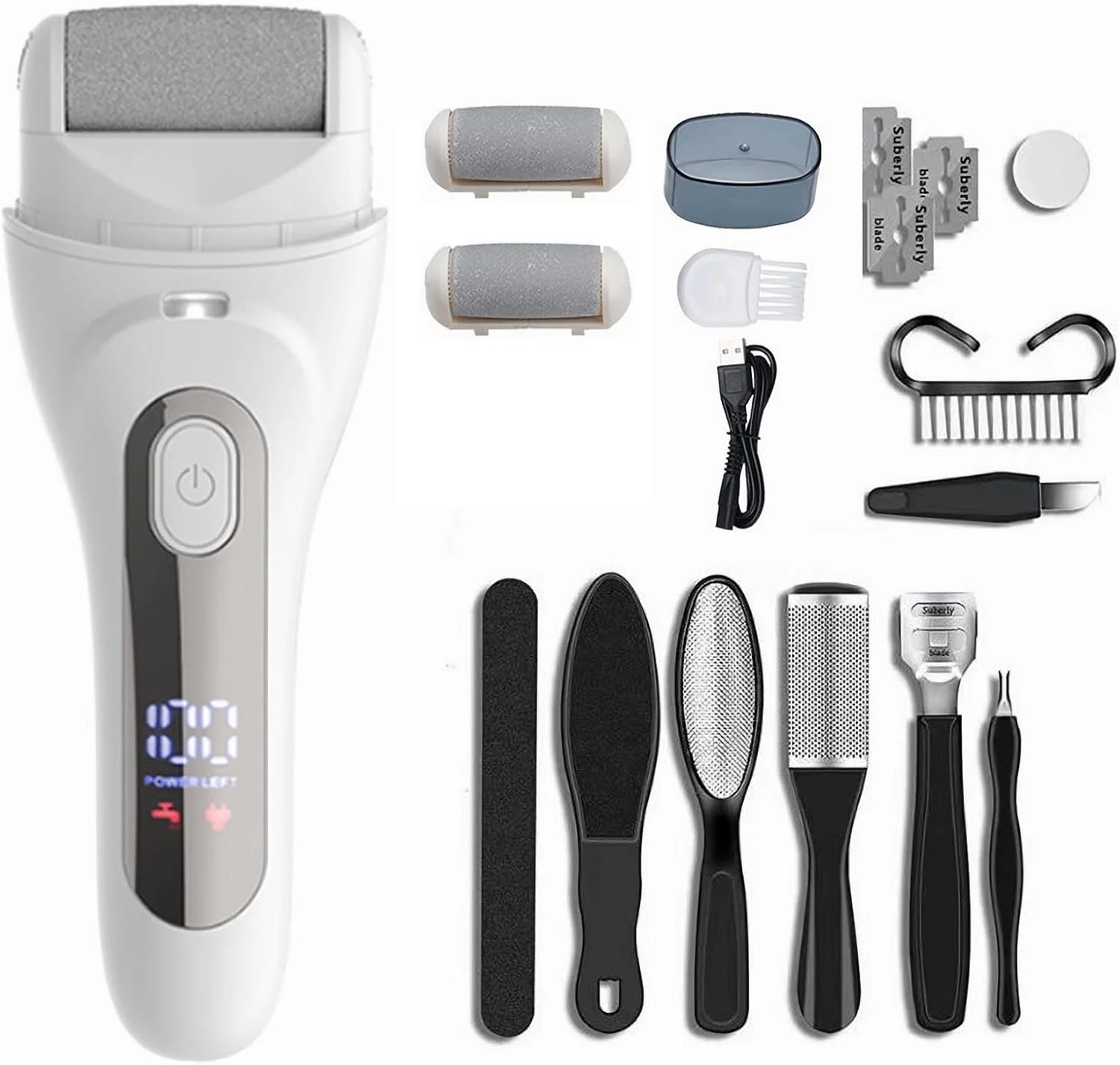 دستگاه از بین برنده پینه پا برقی AccLoo با چراغ LED و نمایشگر باتری، دستگاه پدیکور 3 سرعته با 3 غلتک، شارژ سریع USB، شامل 10 لوازم جانبی، برای پوست های مرده، سفت و ترک خورده