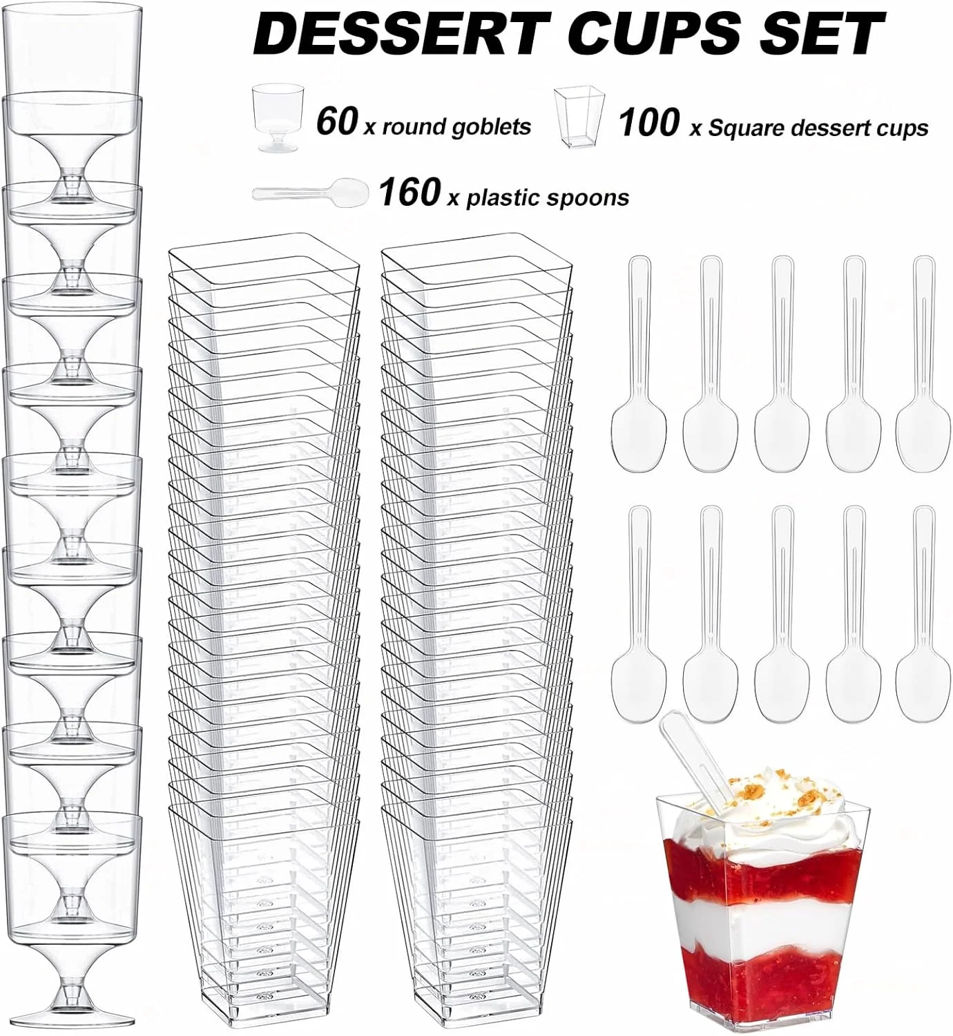 بسته 320 عددی فنجان دسر به همراه قاشق، فنجان های دسر پلاستیکی کوچک 5 اونسی برای مهمانی، ماست پارفه، ژله، میوه، پیش غذا، کوکتل، کاسه های دسر کوچک شفاف قابل استفاده مجدد با اشکال مربع و گرد، گیلاس و شات بسته 320 عددی فنجان دسر به همراه قاشق، فنجان های دسر پلاستیکی کوچک 5 اونسی برای مهمانی، ماست پارفه، ژله، میوه، پیش غذا، کوکتل، کاسه های دسر کوچک شفاف قابل استفاده مجدد با اشکال مربع و گرد، گیلاس و شات
