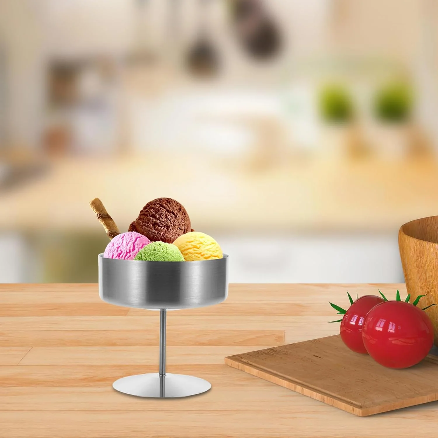 جام بستنی پایه دار Amosfun، کاسه دسر استیل - جام پایه دار 400 میلی لیتری برای سالاد، میوه، پودینگ و دسر - نقره ای