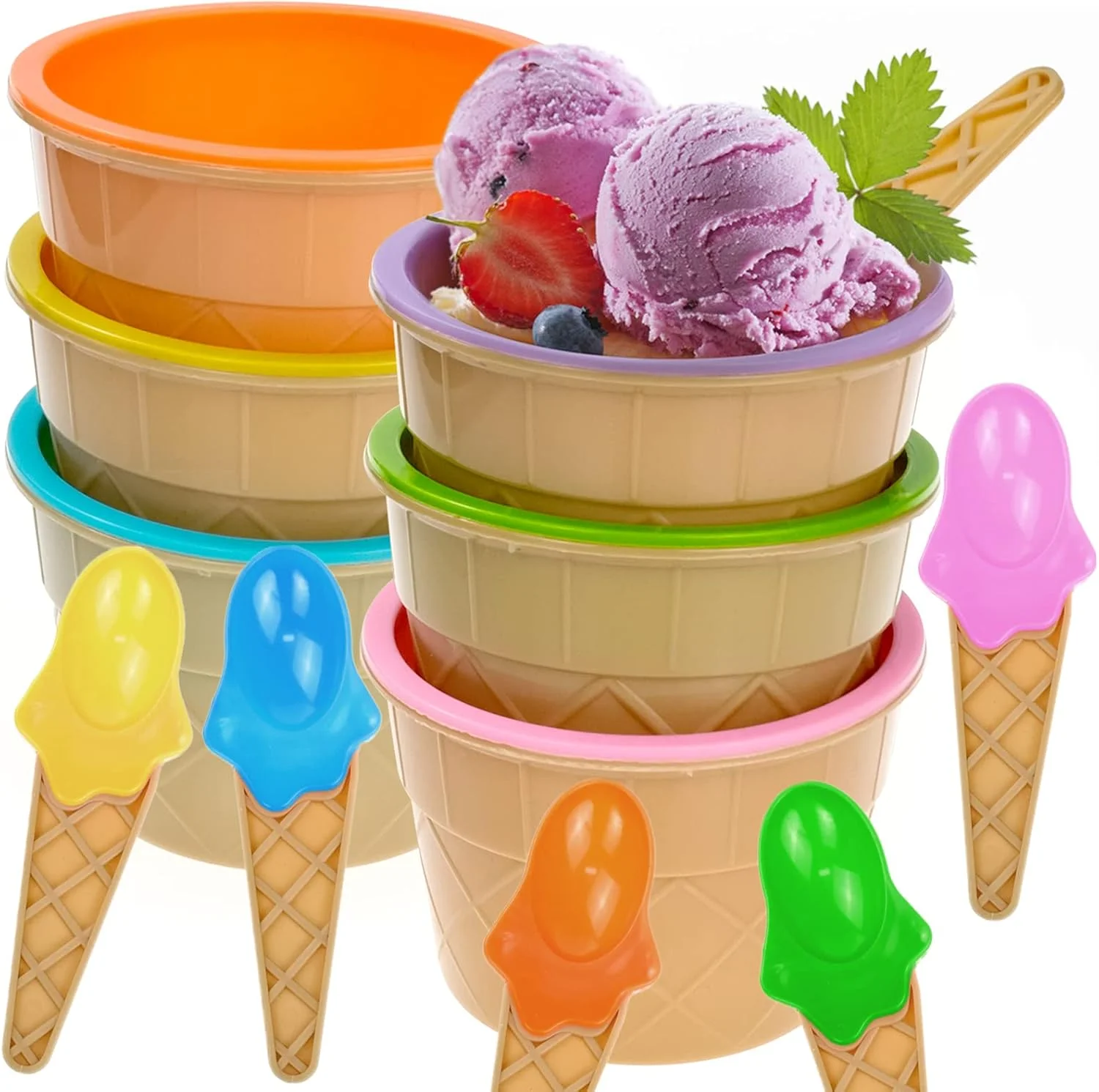 ست 6 تکه کاسه بستنی با قاشق باکیاولی، کاسه های دسر رنگارنگ زیبا برای کودکان، مناسب برای خانواده، کمپینگ، مهمانی