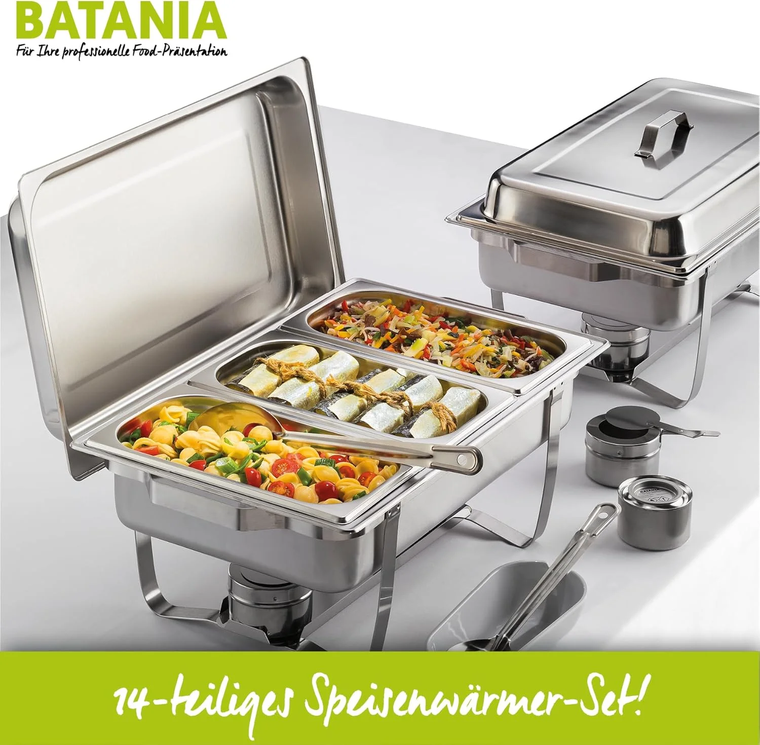 ظروف گرم نگهدارنده غذا باتانیا مدل 2 Chafing Dishes، ست 14 پارچه با کیفیت پذیرایی، استیل ضد زنگ - ظروف گرم کننده سنگین برای بوفه، پذیرایی و باربیکیو ظروف گرم نگهدارنده غذا باتانیا مدل 2 Chafing Dishes، ست 14 پارچه با کیفیت پذیرایی، استیل ضد زنگ - ظروف گرم کننده سنگین برای بوفه، پذیرایی و باربیکیو