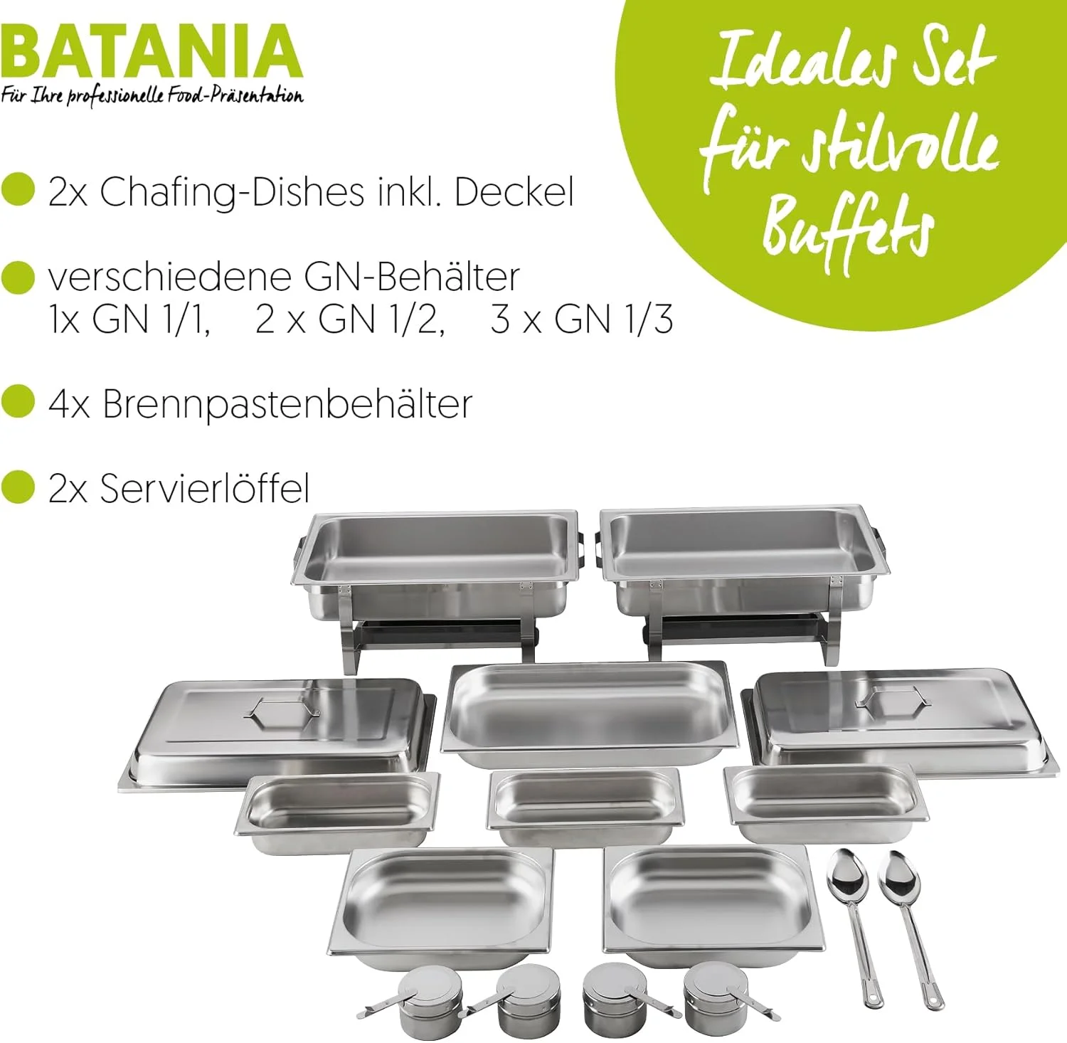 ظروف گرم نگهدارنده غذا باتانیا مدل 2 Chafing Dishes، ست 14 پارچه با کیفیت پذیرایی، استیل ضد زنگ - ظروف گرم کننده سنگین برای بوفه، پذیرایی و باربیکیو ظروف گرم نگهدارنده غذا باتانیا مدل 2 Chafing Dishes، ست 14 پارچه با کیفیت پذیرایی، استیل ضد زنگ - ظروف گرم کننده سنگین برای بوفه، پذیرایی و باربیکیو