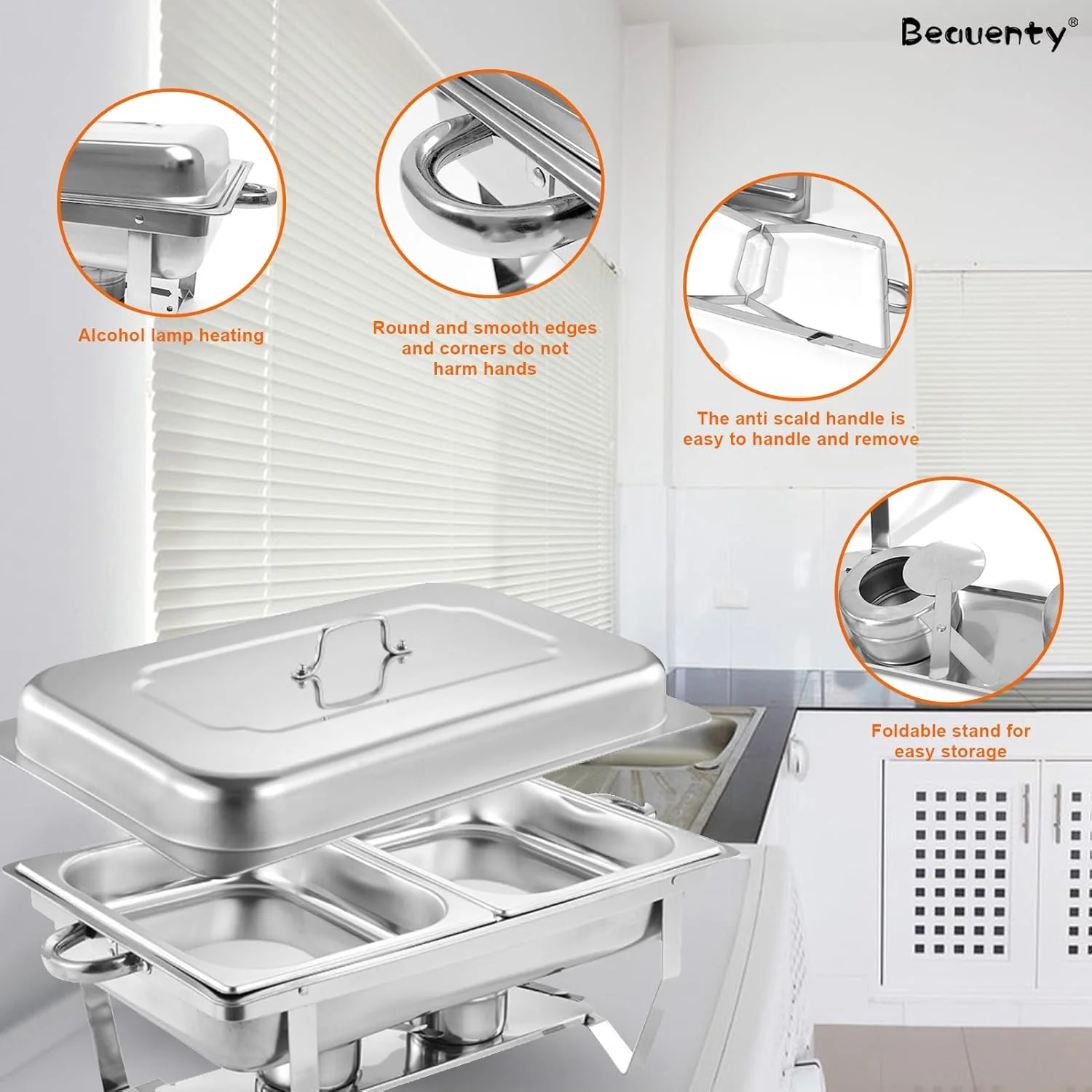 ست گرم نگهدارنده بوفه Beauenty، گرمکن غذا با 3 ظرف غذای 1/3، گرمکن استیل ضد زنگ و ست گرمکن بوفه برای مهمانی ها، عروسی، تولد، کریسمس (مدل 2)