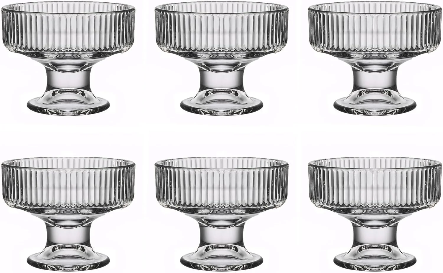 ست 6 تایی کاسه بستنی شیشه ای بینساکائو، فنجان های دسر کوچک راه راه، کاسه های دسر پایه دار کوچک شفاف برای میوه، پودینگ، ترایفل، پارفه، ساندی، نوشیدنی های کوکتل مهمانی (186 میلی لیتر)