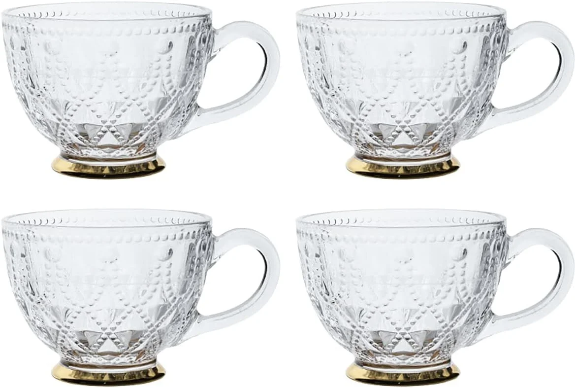 ظروف دسر، بستنی، ترایفل و سالاد خوری شیشه ای شفاف بیکوزات با طرح برجسته مهره و نوار، 440 میلی لیتر، ته طلایی-B، 4 عدد