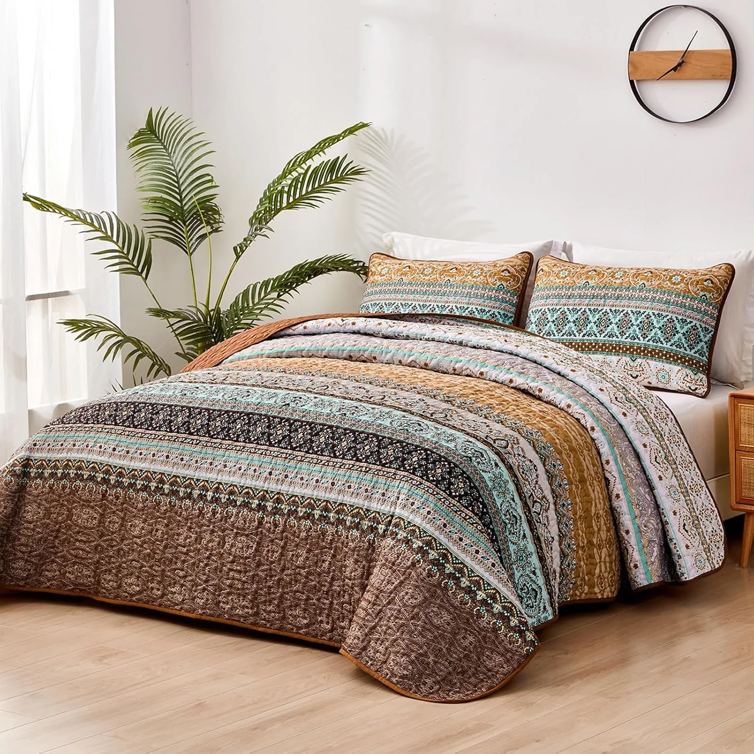 روتختی وانگز بدینگ 200 در 220 سانتی متر، روتختی طرح بوهمی، لحاف سه تکه دونفره، لحاف میکروفایبر با 2 روبالشی 50 در 75 سانتی متر برای اتاق خواب یا استفاده به عنوان رو مبلی (قهوه ای)