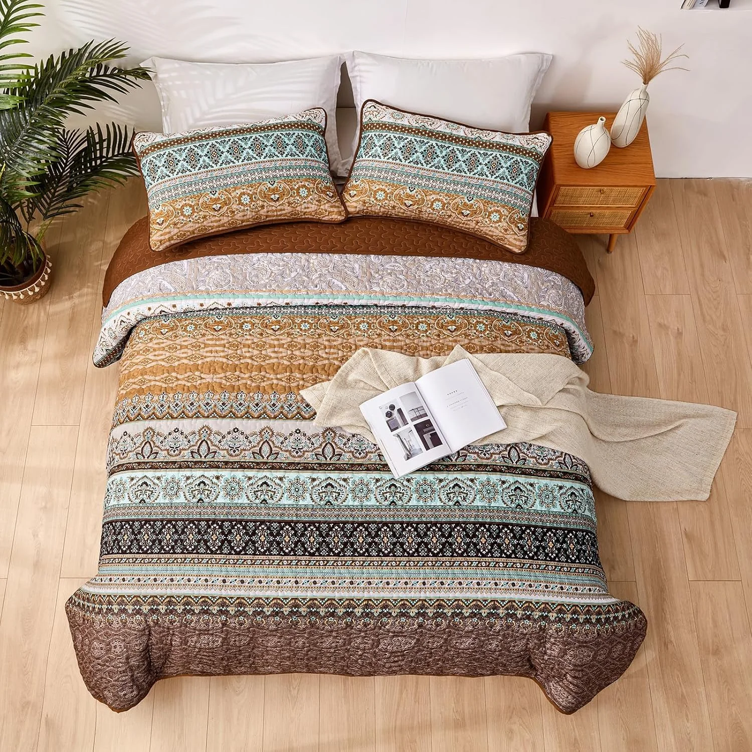 روتختی وانگز بدینگ 200 در 220 سانتی متر، روتختی طرح بوهمی، لحاف سه تکه دونفره، لحاف میکروفایبر با 2 روبالشی 50 در 75 سانتی متر برای اتاق خواب یا استفاده به عنوان رو مبلی (قهوه ای)