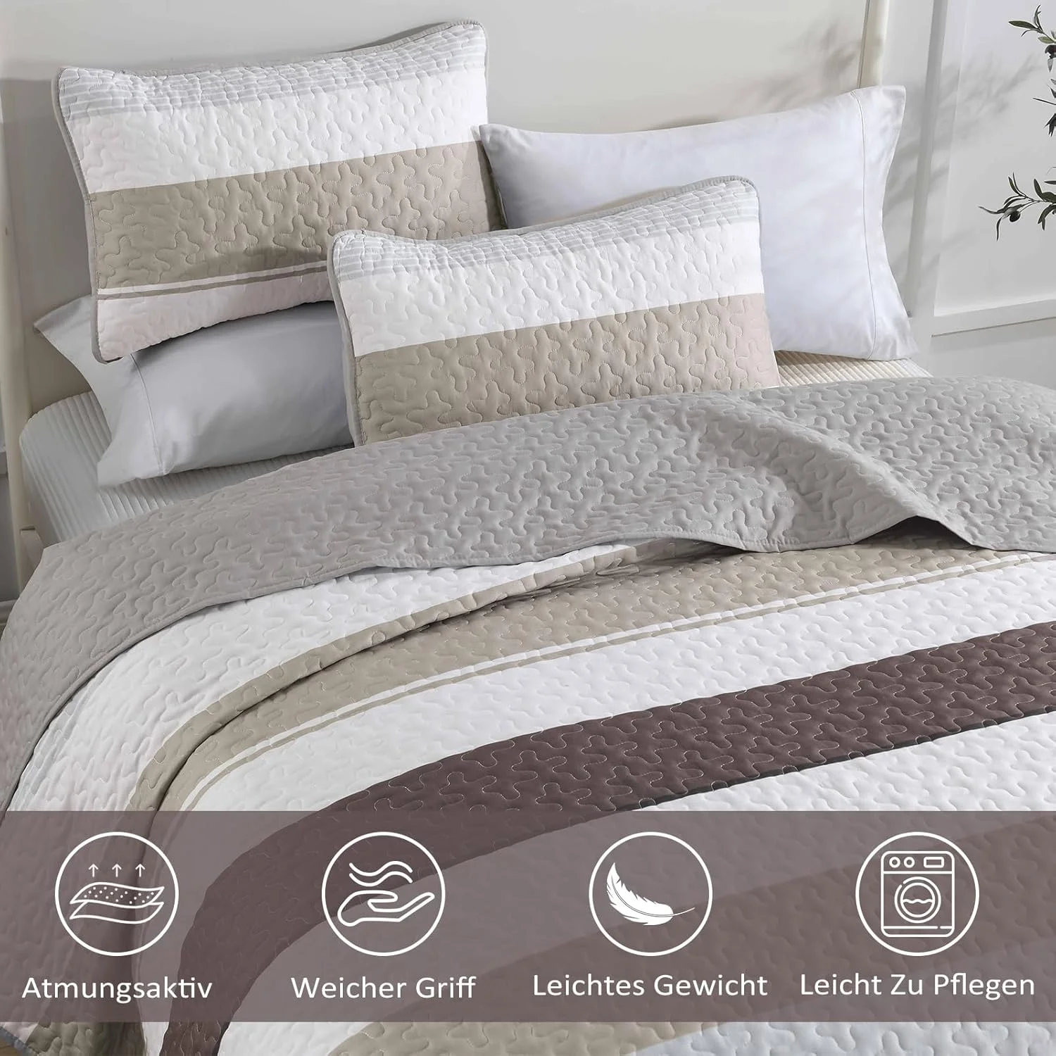 روتختی وانگز بدینگ 240 x 260 سانتی متر خاکستری قهوه ای، روتختی طرح راه راه، لحاف سه تکه دونفره، لحاف میکروفایبر با 2 روبالشی 50 x 75 سانتی متر مناسب اتاق خواب و مبل