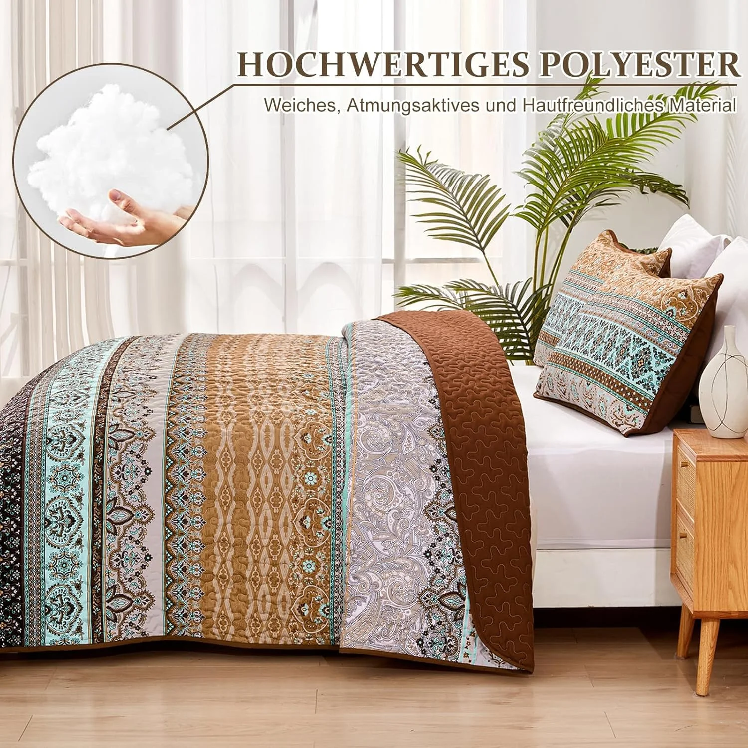 روتختی وانگز بدینگ 200 در 220 سانتی متر، روتختی طرح بوهمی، لحاف سه تکه دونفره، لحاف میکروفایبر با 2 روبالشی 50 در 75 سانتی متر برای اتاق خواب یا استفاده به عنوان رو مبلی (قهوه ای)