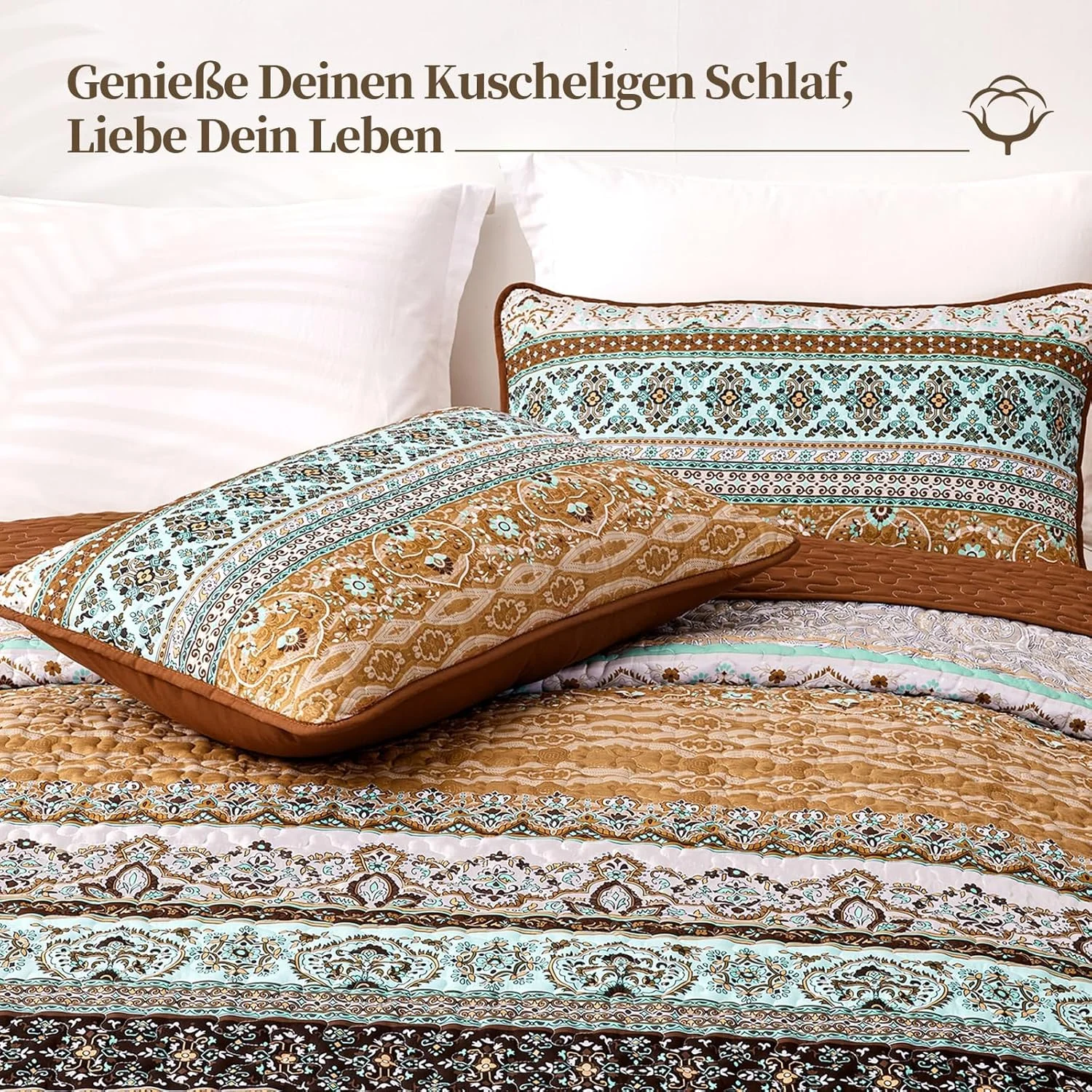 روتختی وانگز بدینگ 200 در 220 سانتی متر، روتختی طرح بوهمی، لحاف سه تکه دونفره، لحاف میکروفایبر با 2 روبالشی 50 در 75 سانتی متر برای اتاق خواب یا استفاده به عنوان رو مبلی (قهوه ای)