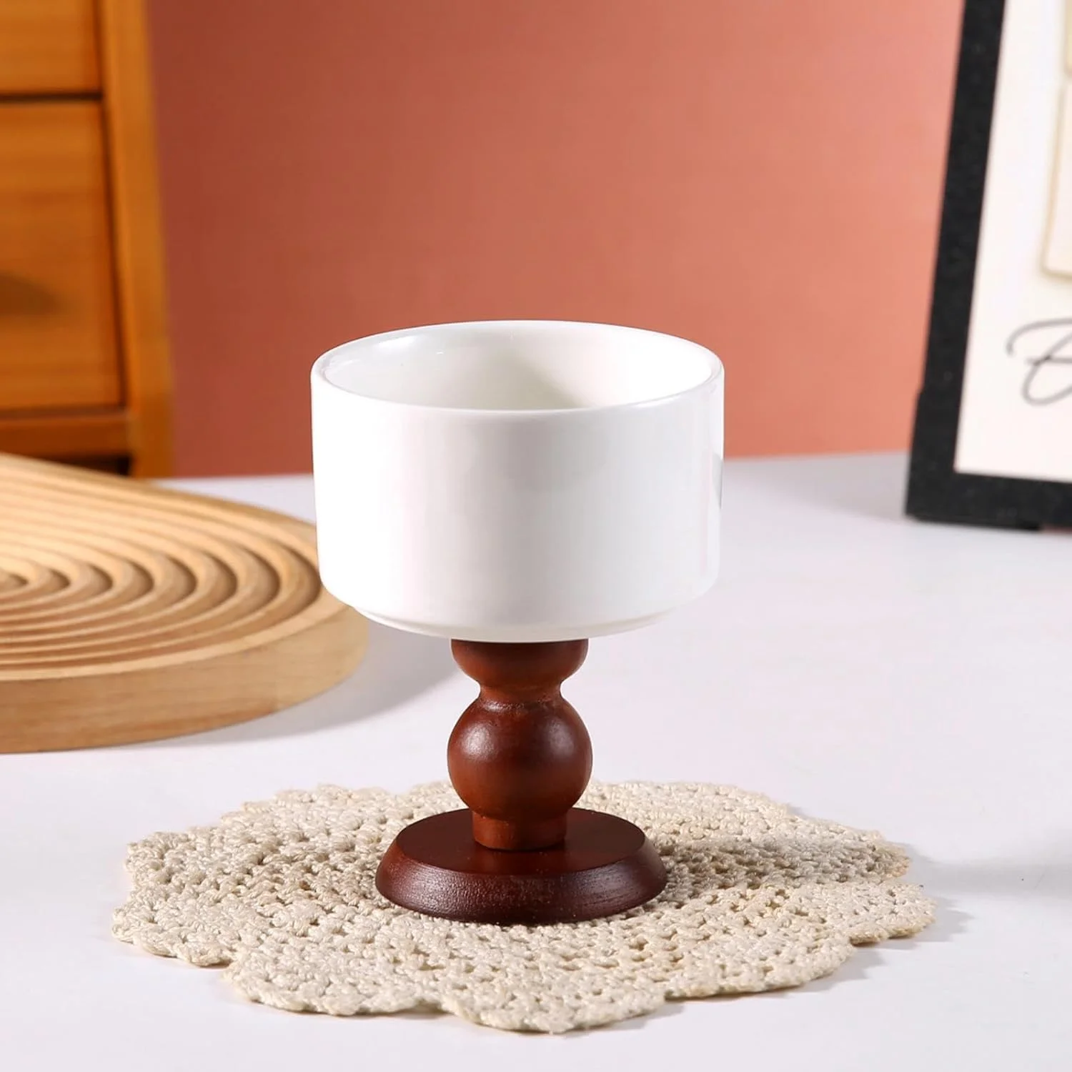 کاسه پایه بلند سرامیکی رترو فرانسوی CAPIJIONG، کاسه دسر پایه بلند چوبی مناسب منزل - کاسه صاف + پایه چوبی کاسه پایه بلند سرامیکی رترو فرانسوی CAPIJIONG، کاسه دسر پایه بلند چوبی مناسب منزل - کاسه صاف + پایه چوبی