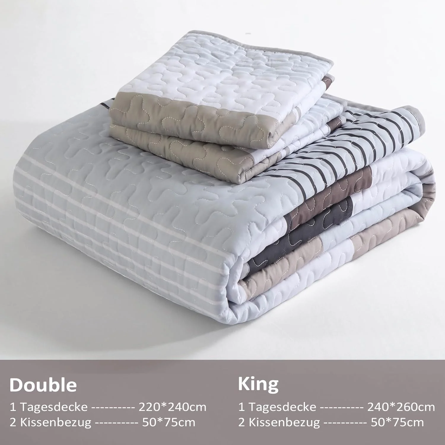 روتختی وانگز بدینگ 240 x 260 سانتی متر خاکستری قهوه ای، روتختی طرح راه راه، لحاف سه تکه دونفره، لحاف میکروفایبر با 2 روبالشی 50 x 75 سانتی متر مناسب اتاق خواب و مبل