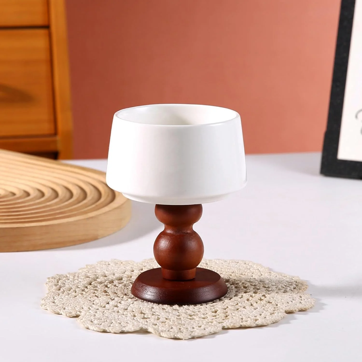 کاسه سرامیکی پایه بلند با طرح گلدار وینتیج CAPIJIONG، کاسه دسر با پایه چوبی - کاسه مورب - سفید - پایه چوبی