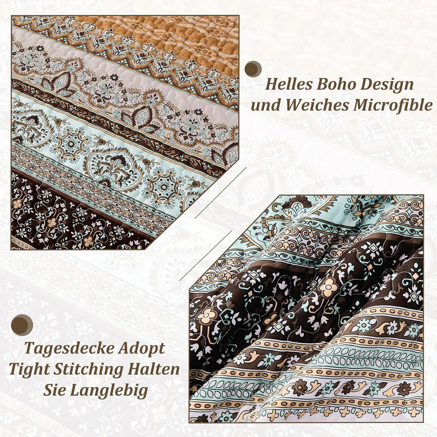 روتختی وانگز بدینگ 200 در 220 سانتی متر، روتختی طرح بوهمی، لحاف سه تکه دونفره، لحاف میکروفایبر با 2 روبالشی 50 در 75 سانتی متر برای اتاق خواب یا استفاده به عنوان رو مبلی (قهوه ای)