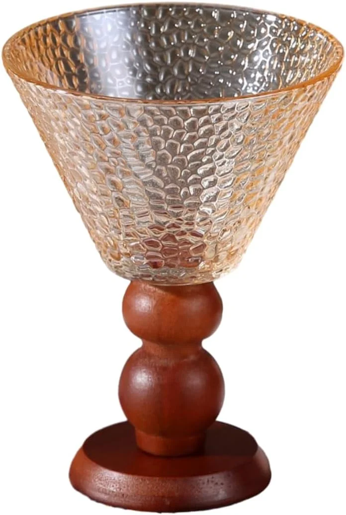 کاپ شیشه ای پایه بلند طرح رترو اروپایی CAPIJIONG، 270 میلی لیتر، کاسه بستنی شیشه ای شفاف - کاسه دسر با طرح چکش و پایه های چوبی