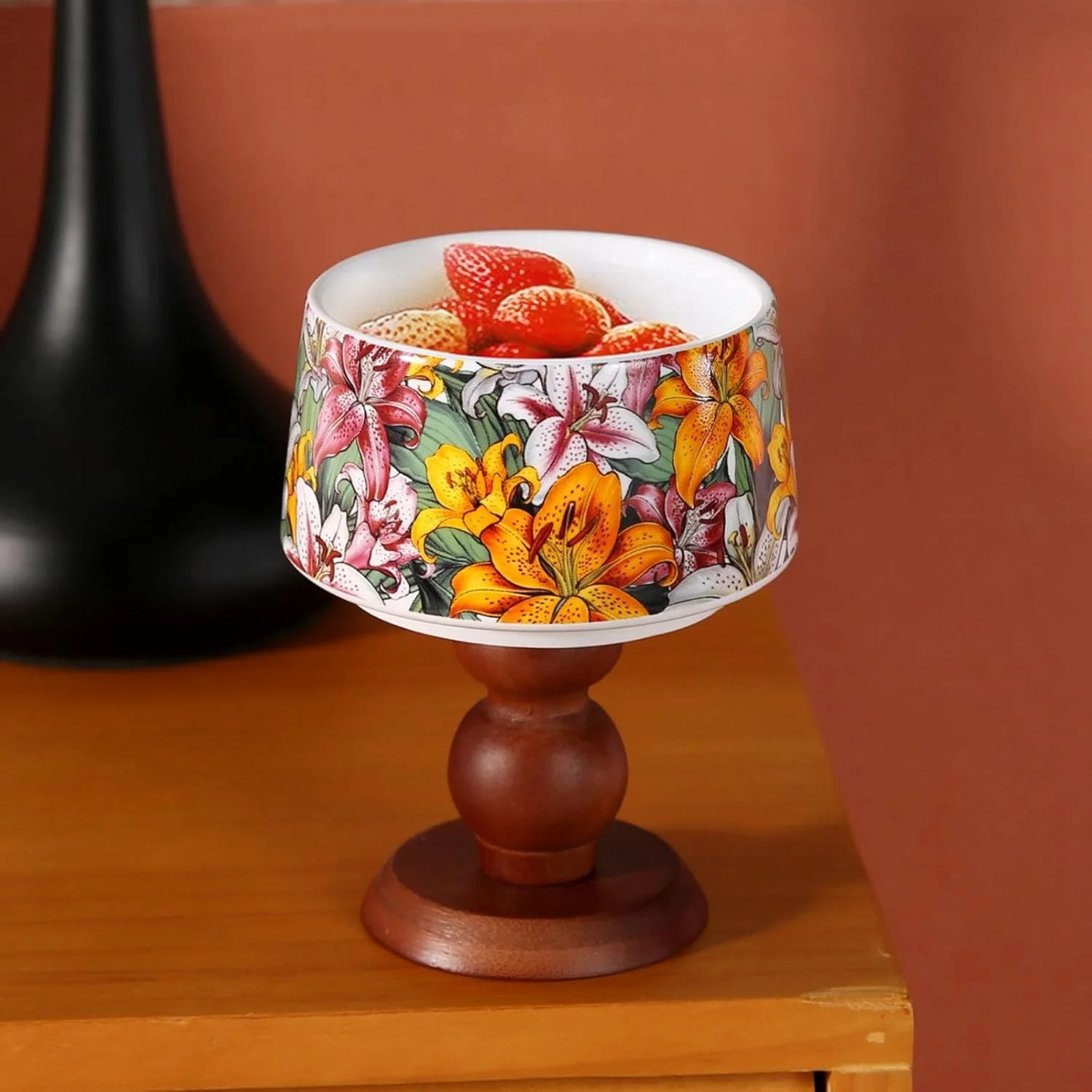 کاسه سرامیکی پایه بلند با طرح گلدار وینتیج CAPIJIONG، کاسه دسر با پایه چوبی - کاسه مورب - سفید - پایه چوبی