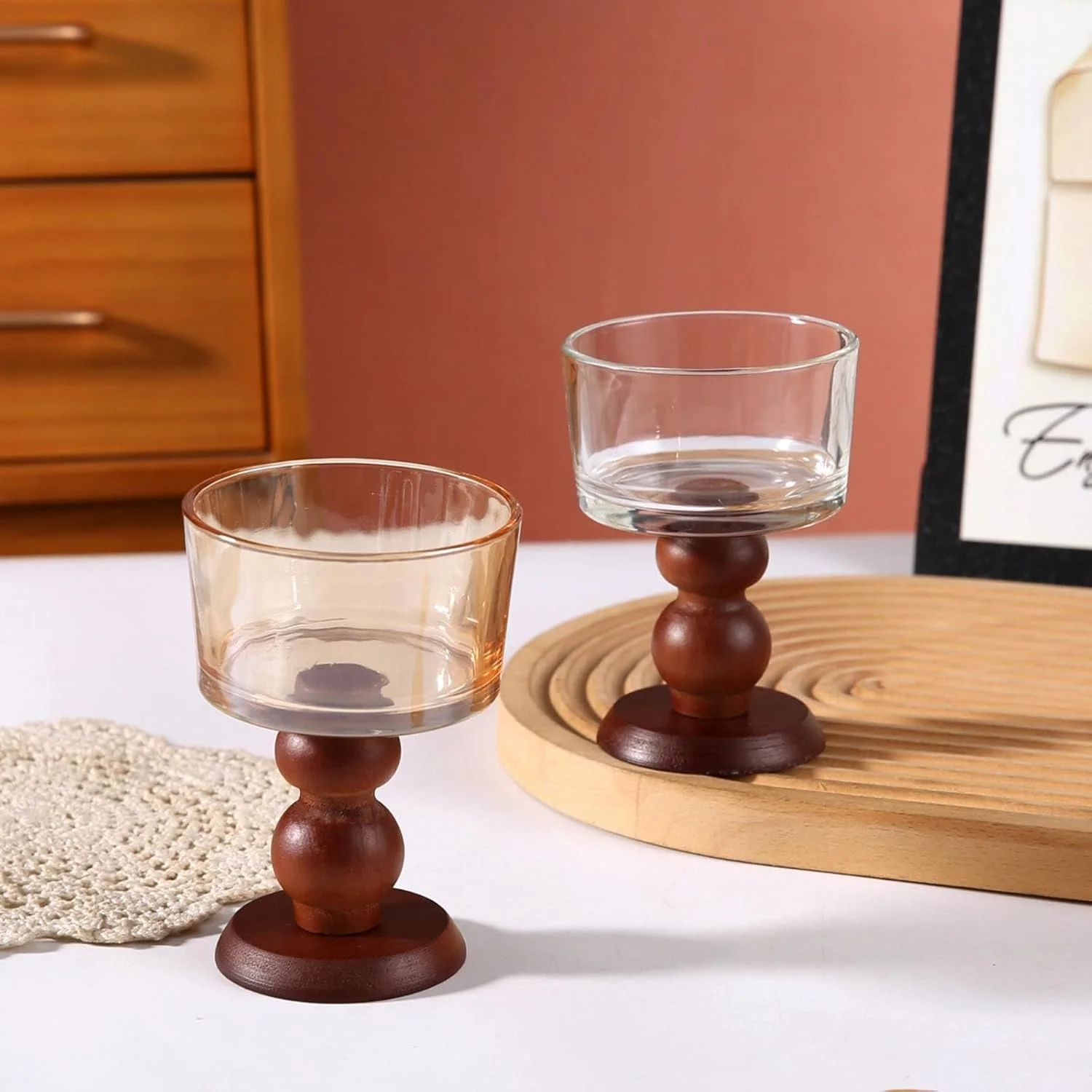 کاسه پایه بلند سرامیکی رترو فرانسوی CAPIJIONG، کاسه دسر پایه بلند چوبی مناسب منزل - کاسه صاف + پایه چوبی کاسه پایه بلند سرامیکی رترو فرانسوی CAPIJIONG، کاسه دسر پایه بلند چوبی مناسب منزل - کاسه صاف + پایه چوبی