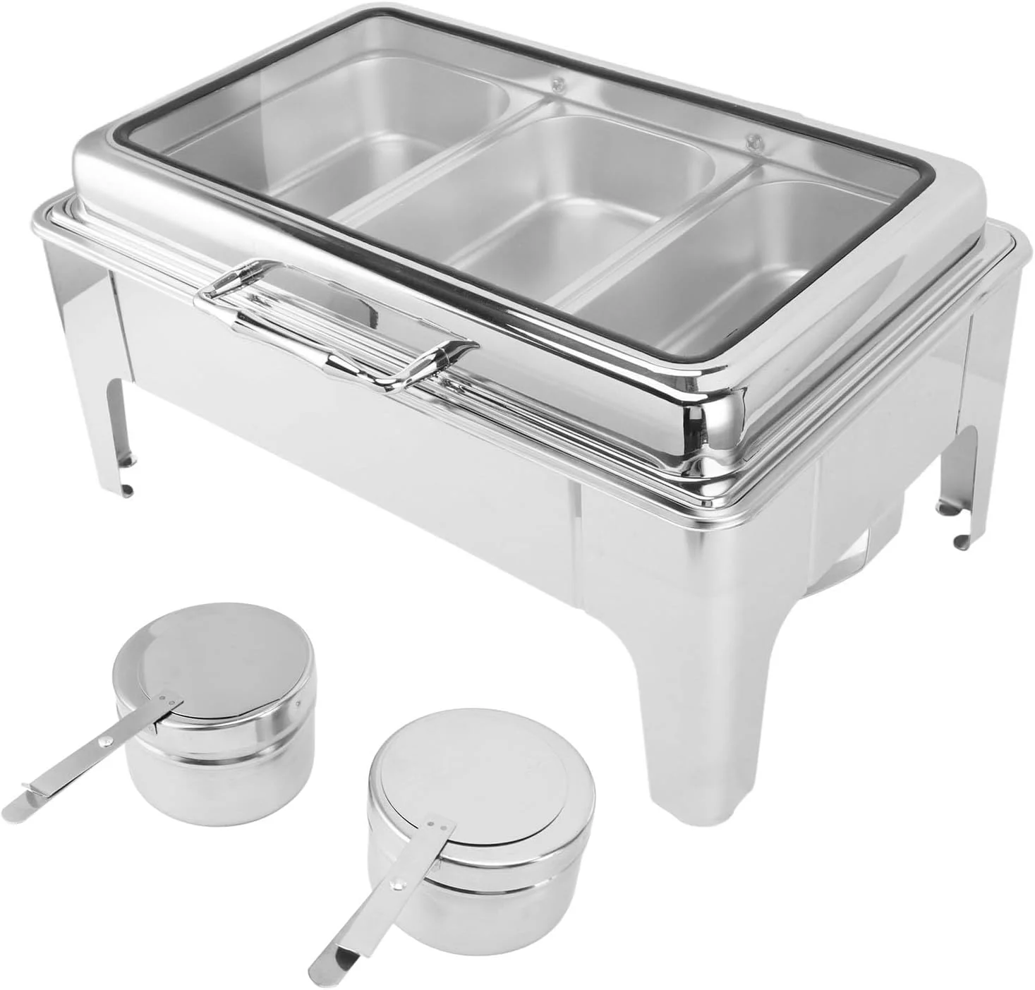 ست بوفه گرمکن غذا استیل 9 لیتری BusoTh با گرمایش الکلی، ظرف غذا، درب شیشه ای، طراحی نفیس، ست کامل گرمکن بوفه برای مهمانی و تعطیلات (3 ظرف)