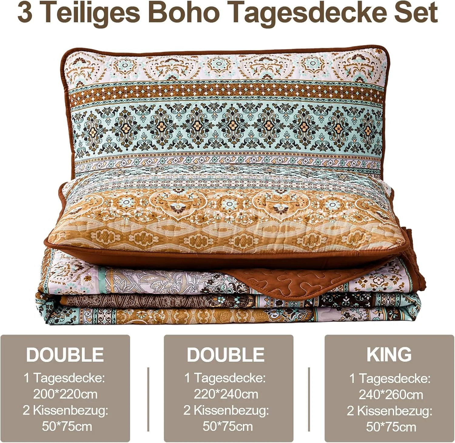 روتختی وانگز بدینگ 200 در 220 سانتی متر، روتختی طرح بوهمی، لحاف سه تکه دونفره، لحاف میکروفایبر با 2 روبالشی 50 در 75 سانتی متر برای اتاق خواب یا استفاده به عنوان رو مبلی (قهوه ای)