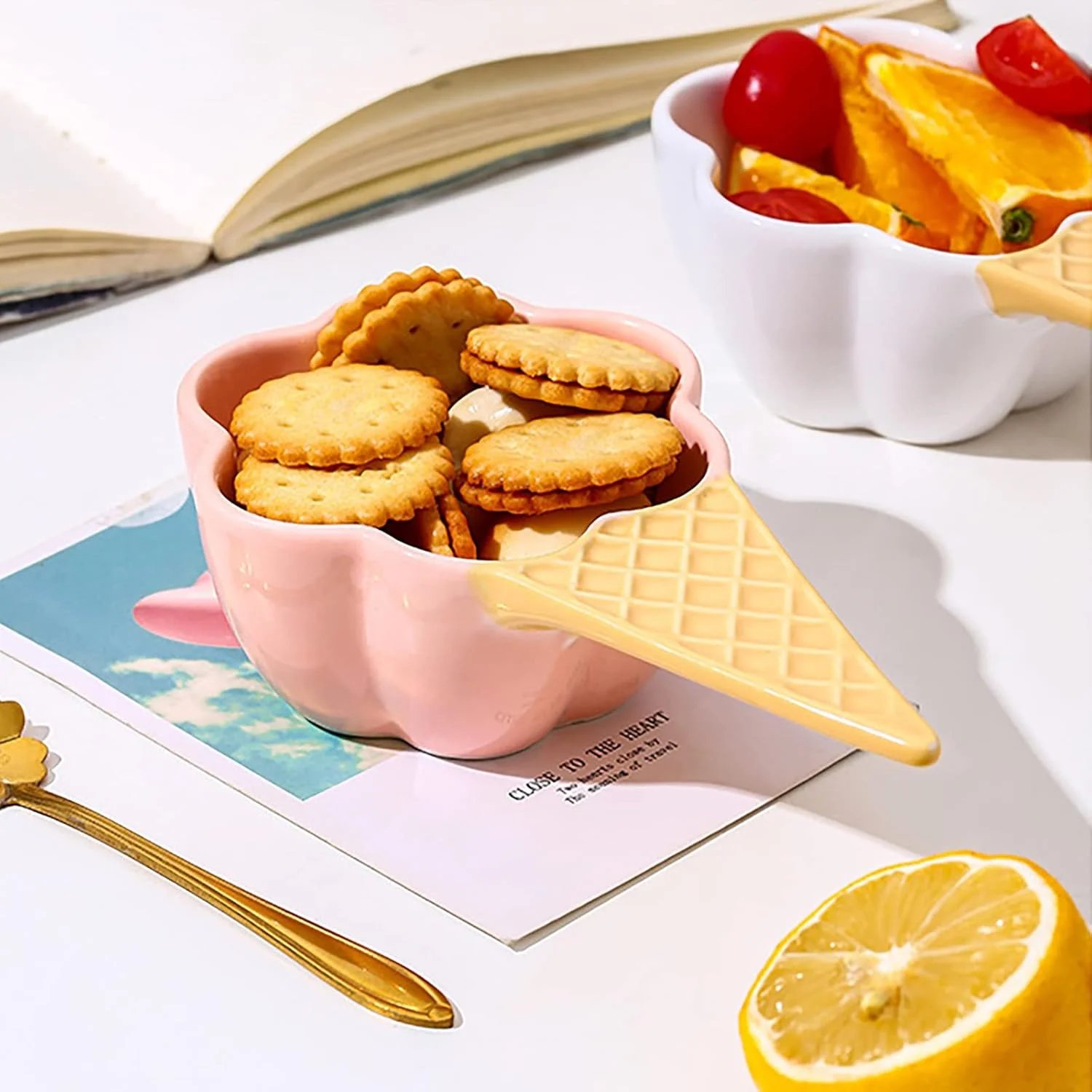 کاسه دسر سرامیکی تک عددی CAPRIZ، قالب یخ 170 میلی لیتری، کاسه کوچک تنقلات با دسته، کاسه سرو بستنی سرامیکی زیبا، فنجان بستنی خوری برای غلات، آجیل، میوه، پودینگ، سالاد، (#2)