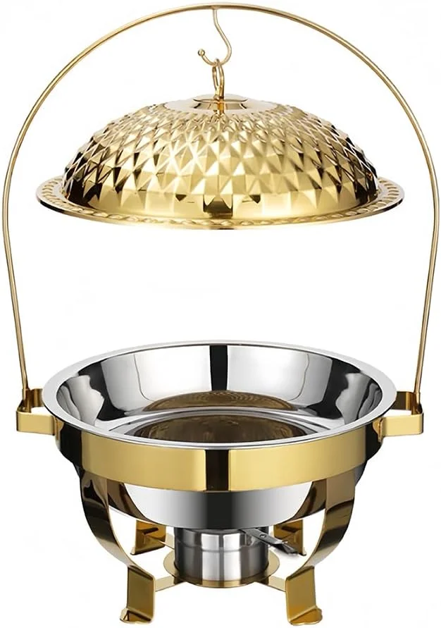 ظرف گرم نگهدارنده غذا بوفه 6 لیتری، گرمکن پذیرایی استیل با قلاب، گرمکن بوفه گرد، گرمکن غذای استیل سینی گرم کننده برای مهمانی ها، کمپینگ، شام، دورهمی های خانوادگی، هتل ها (طلایی)