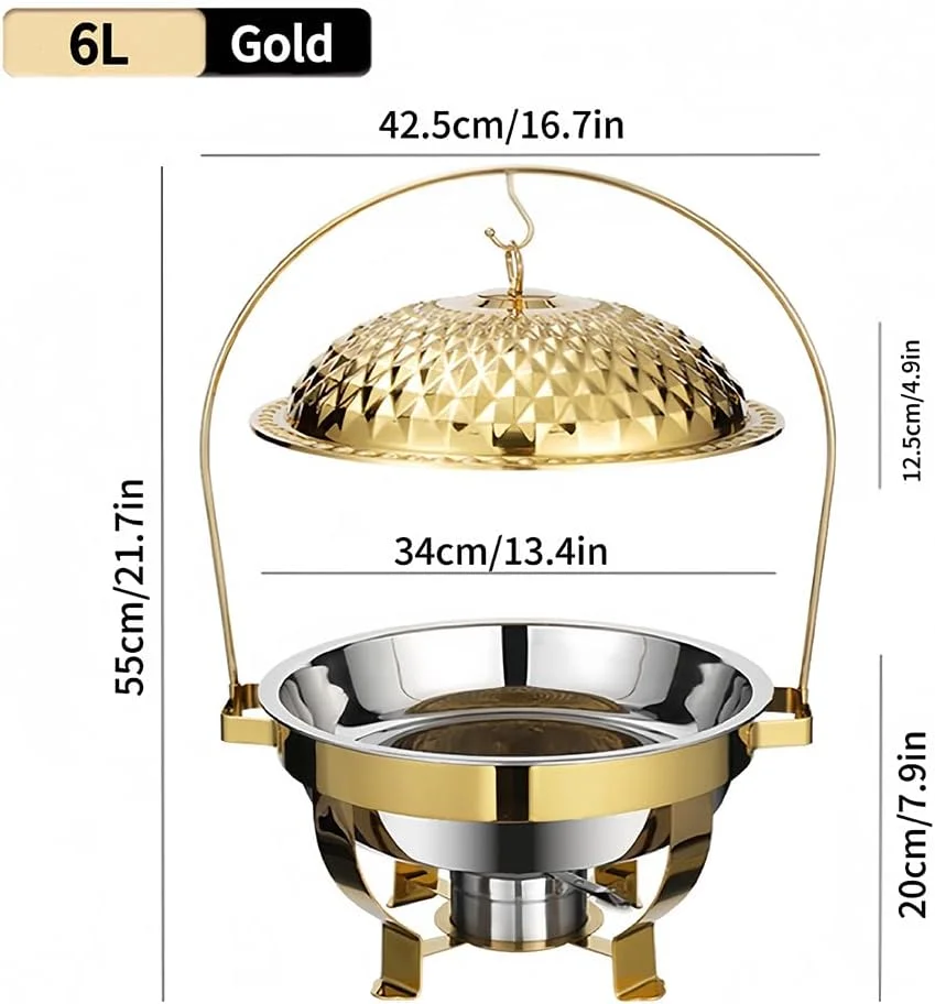 ظرف گرم نگهدارنده غذا بوفه 6 لیتری، گرمکن پذیرایی استیل با قلاب، گرمکن بوفه گرد، گرمکن غذای استیل سینی گرم کننده برای مهمانی ها، کمپینگ، شام، دورهمی های خانوادگی، هتل ها (طلایی)
