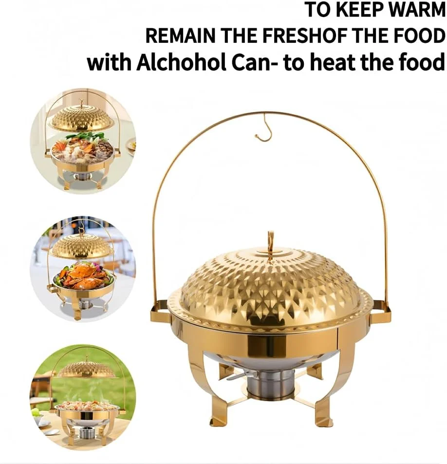 ظرف گرم نگهدارنده غذا بوفه 6 لیتری، گرمکن پذیرایی استیل با قلاب، گرمکن بوفه گرد، گرمکن غذای استیل سینی گرم کننده برای مهمانی ها، کمپینگ، شام، دورهمی های خانوادگی، هتل ها (طلایی)