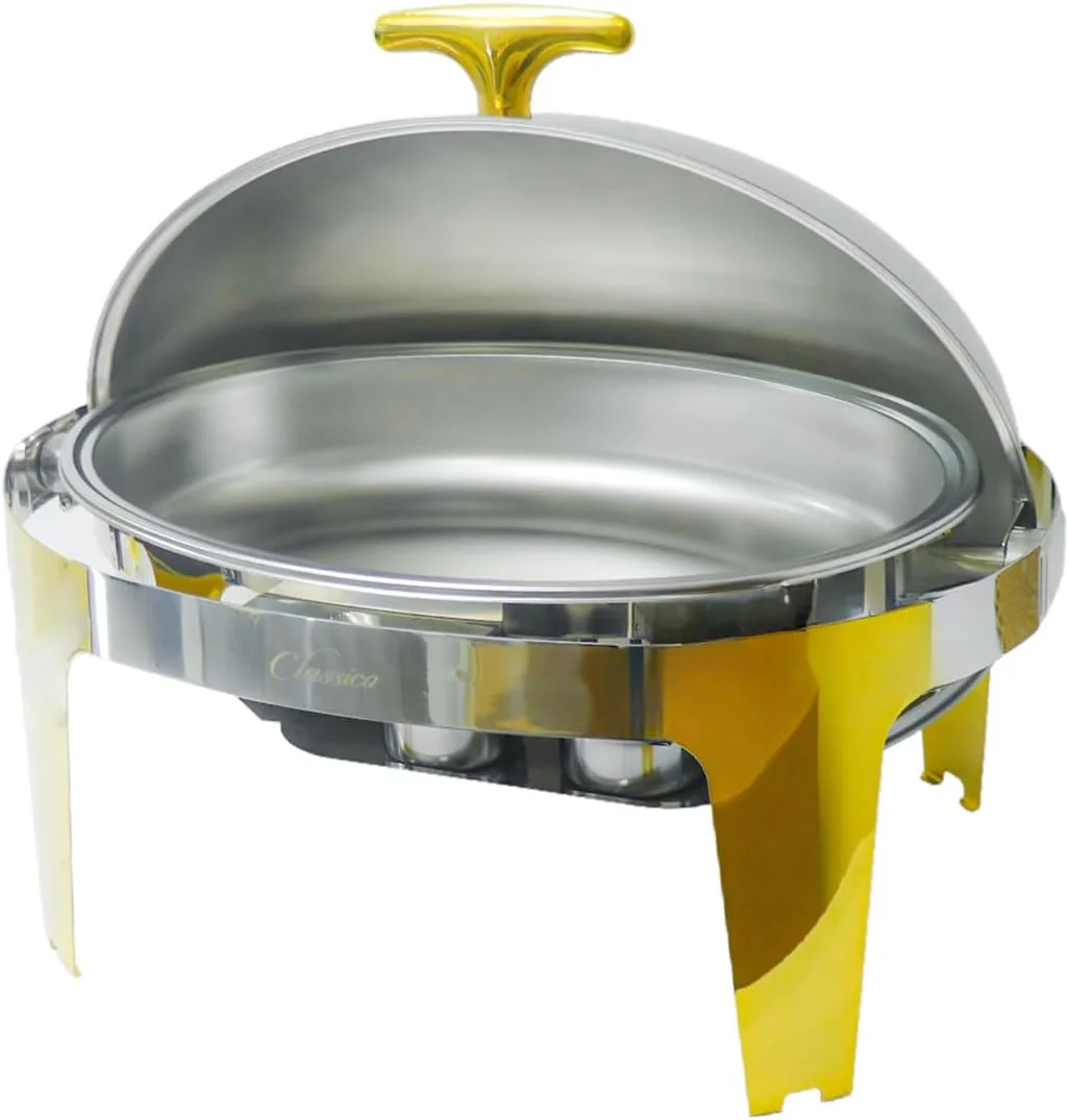 گرمکن بیضی شکل غذا 9 لیتری، ظرف گرم کننده، سرویس گرم کننده بوفه، ظرف گرم کننده بیضی شکل 9 لیتری برای مهمانی ها و بوفه ها، فولاد ضد زنگ برای تازه و گرم نگه داشتن غذا، پایه طلایی
