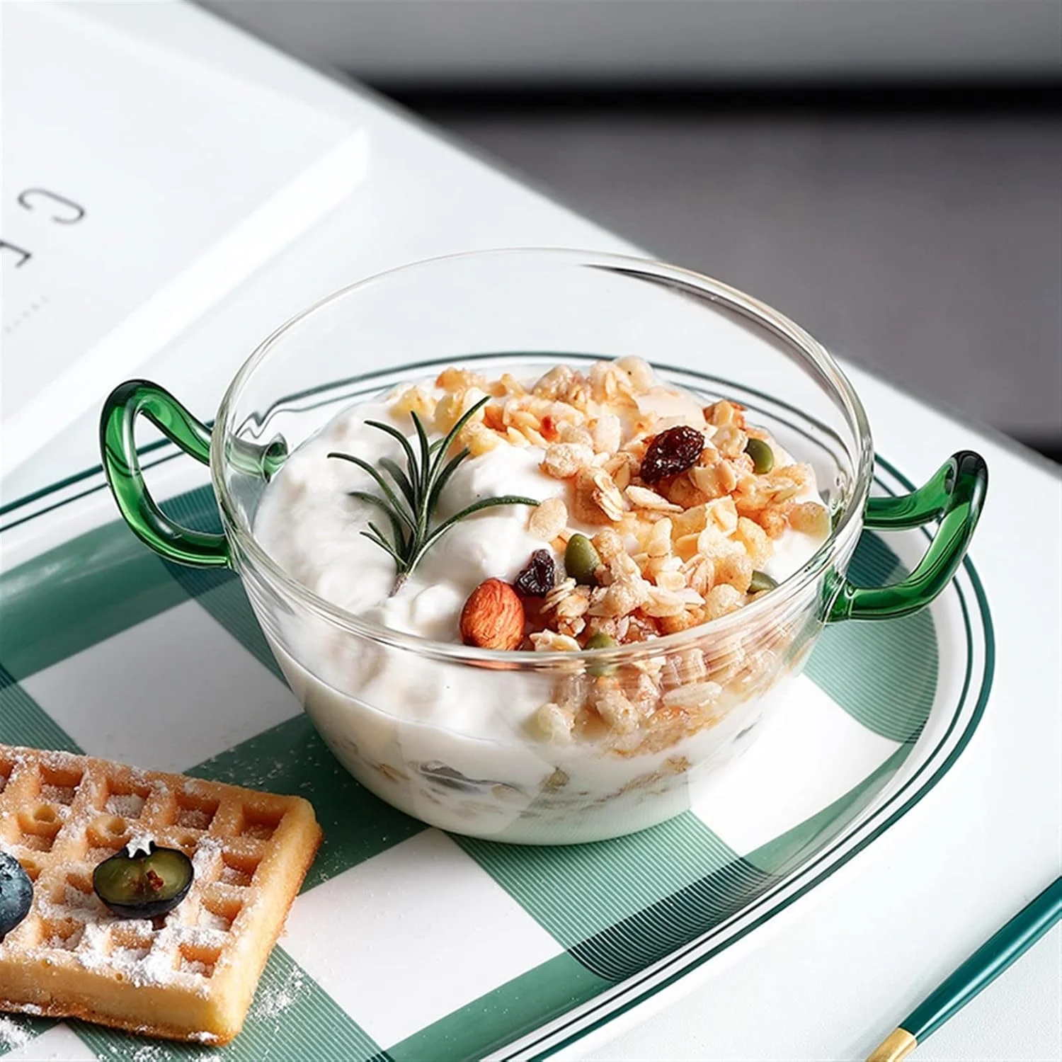 کاسه های COKYIS برای آشپزخانه، کاسه سالاد شیشه ای دسته دار، کاسه دسر، مقاوم در برابر حرارت مایکروویو، کاسه خانگی برای صبحانه، فرنی، بستنی (رنگ: A-500ML)