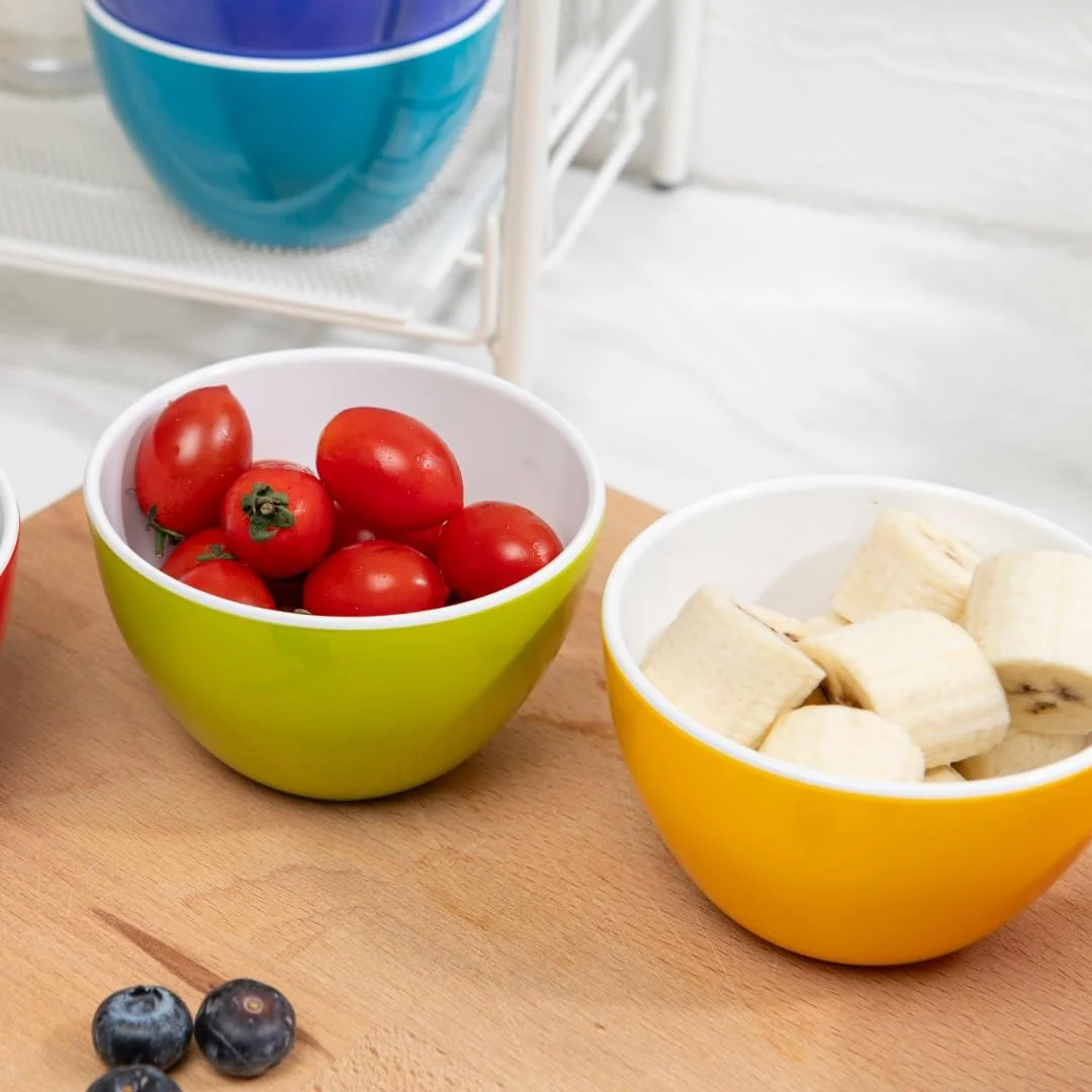 ست 6 تایی کاسه های کوچک ملامینه رنگی Bzyoo، قطر 11.8 سانتی متر، حجم 350 میلی لیتر، مناسب برای دسر، آماده سازی، سس، بستنی، مخلفات، تنقلات، سوپ، سالاد - رنگ های روشن