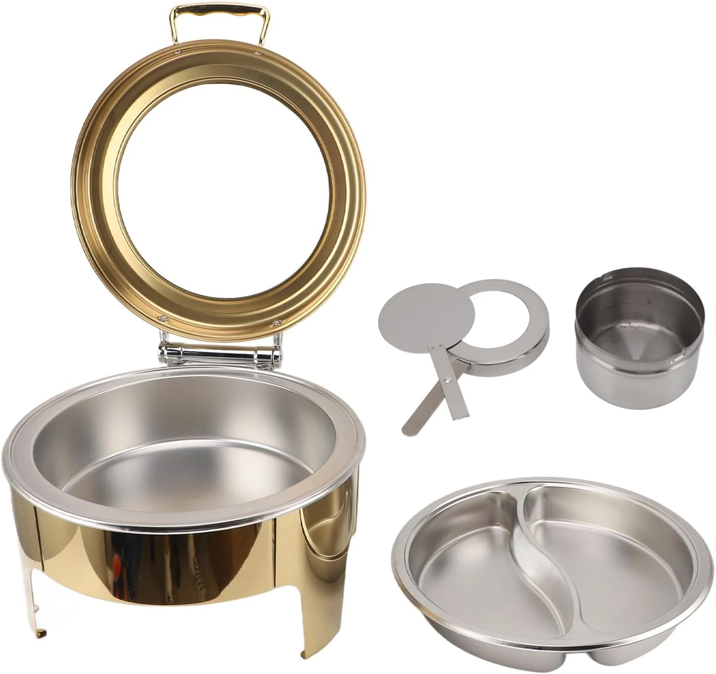 گرمکن غذای بوفه گرد Cryfokt، گرمکن بوفه گرد طلایی 6 لیتری با گرم کننده الکلی برای مهمانی (ظرف 2 قسمتی)