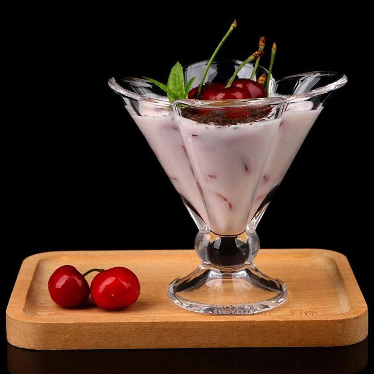 ظرف دسر طرح گل کریستالی شفاف کوش، ظرف سرو دسر و بستنی، ست ظروف بستنی، ست پودینگ، ماکتیل، کوکتل و سالاد میوه (ست 6 عددی) (ظرف طرح گل)