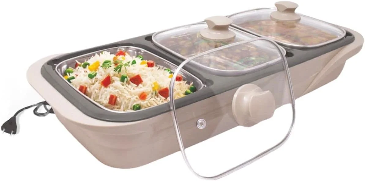 گرم نگهدارنده برقی غذا دلیسگا مدل 3 در 1 | گرم نگهدارنده استیل 3 ظرفه غذا و سرو بوفه