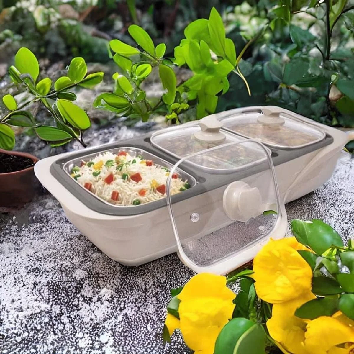 گرم نگهدارنده برقی غذا دلیسگا مدل 3 در 1 | گرم نگهدارنده استیل 3 ظرفه غذا و سرو بوفه