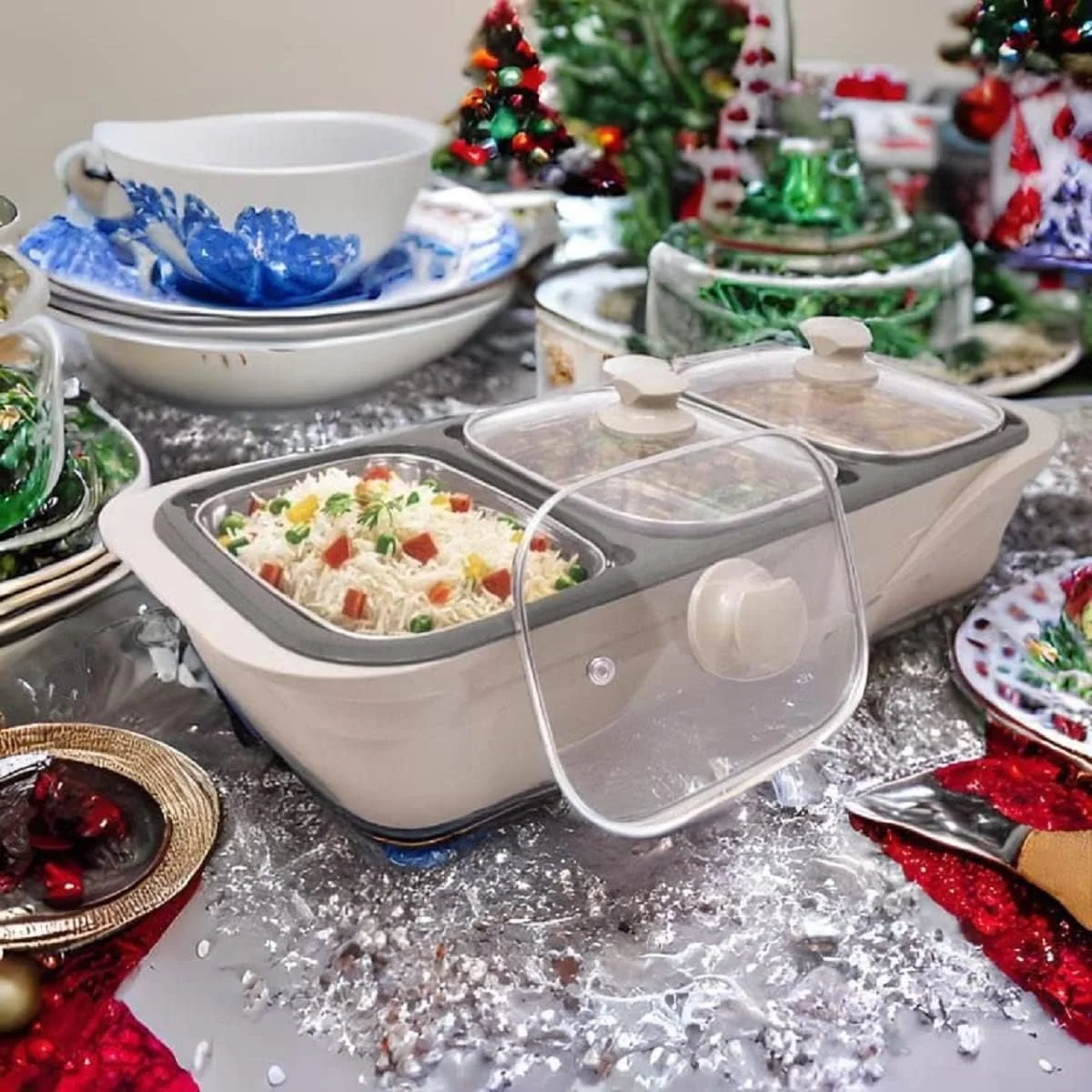 گرم نگهدارنده برقی غذا دلیسگا مدل 3 در 1 | گرم نگهدارنده استیل 3 ظرفه غذا و سرو بوفه