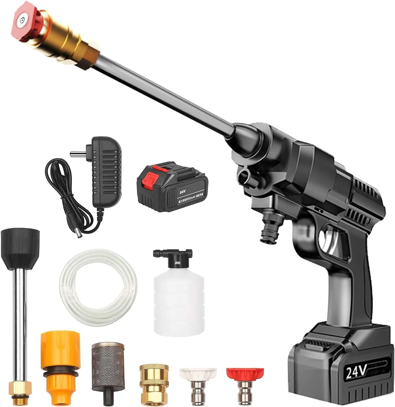 کارواش شارژی قابل حمل althiqahkey 24V، دستگاه تمیز کننده فشار قوی برقی 200 وات 30 بار لیتیومی دستی با نازل تولید فوم و پمپ آب (مشکی 24 ولت)